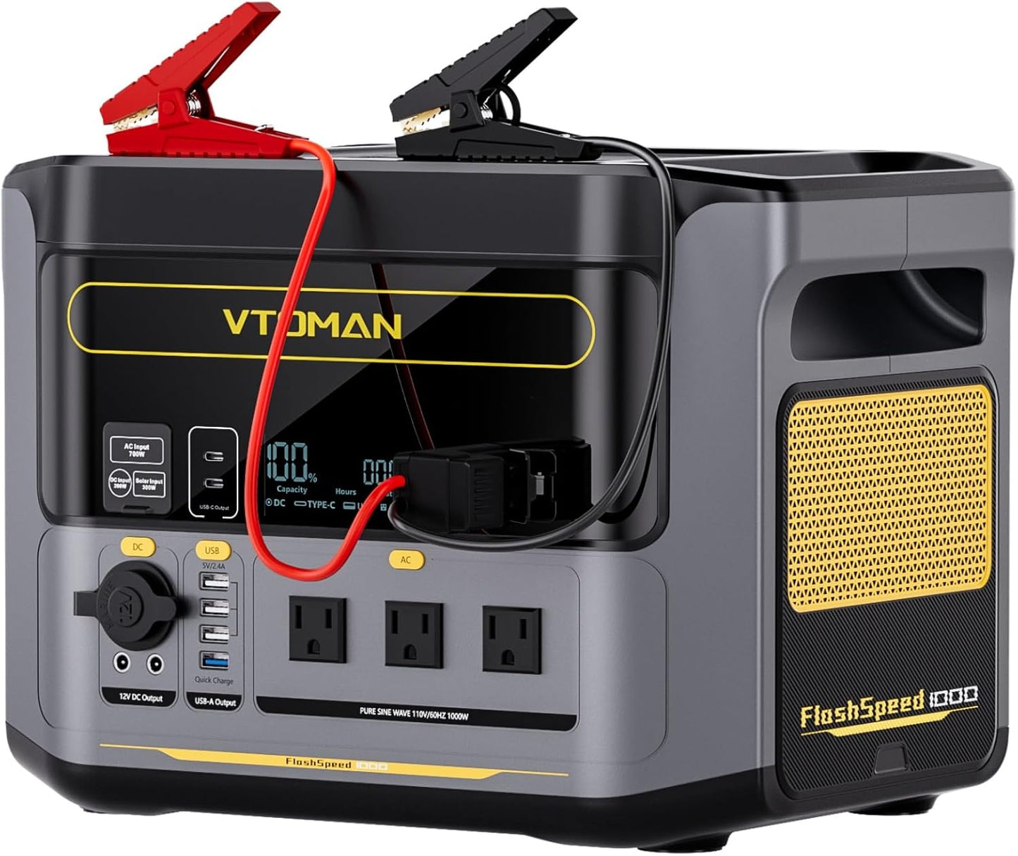 VTOMAN FlashSpeed 1000 Portable Power Station with Jumper Cables, 828Wh LiFePO4 Solar Generator & Car Jump Starter, 1H Fast Charging, 2000W Peak for Home Backup, Camping, Roadside Emergencies