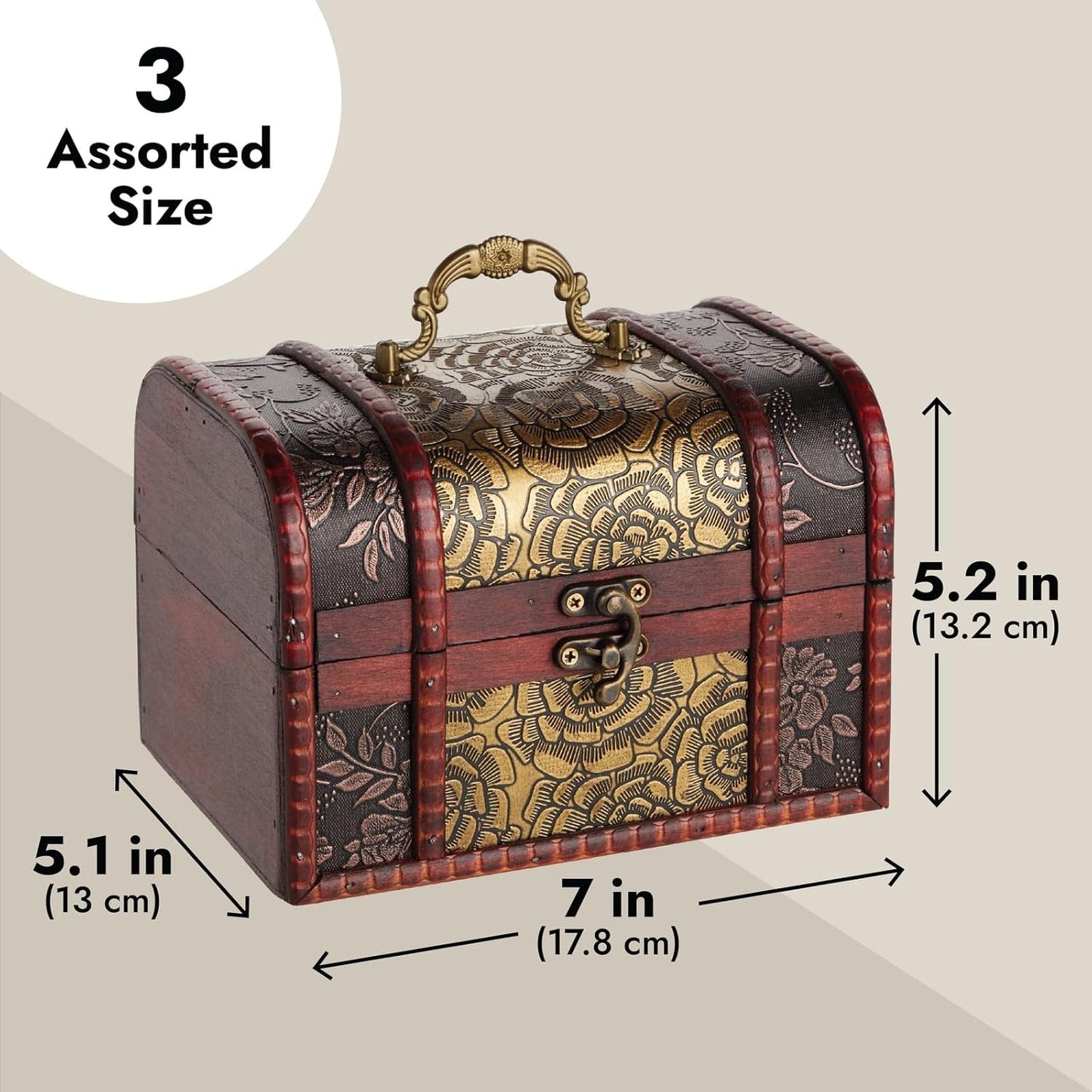Juvale Wooden Treasure Chest Set - 3 Nesting Boxes, Brown Floral - Decorative Storage & Jewelry Box with Hinged Lid, Vintage Antique Decor