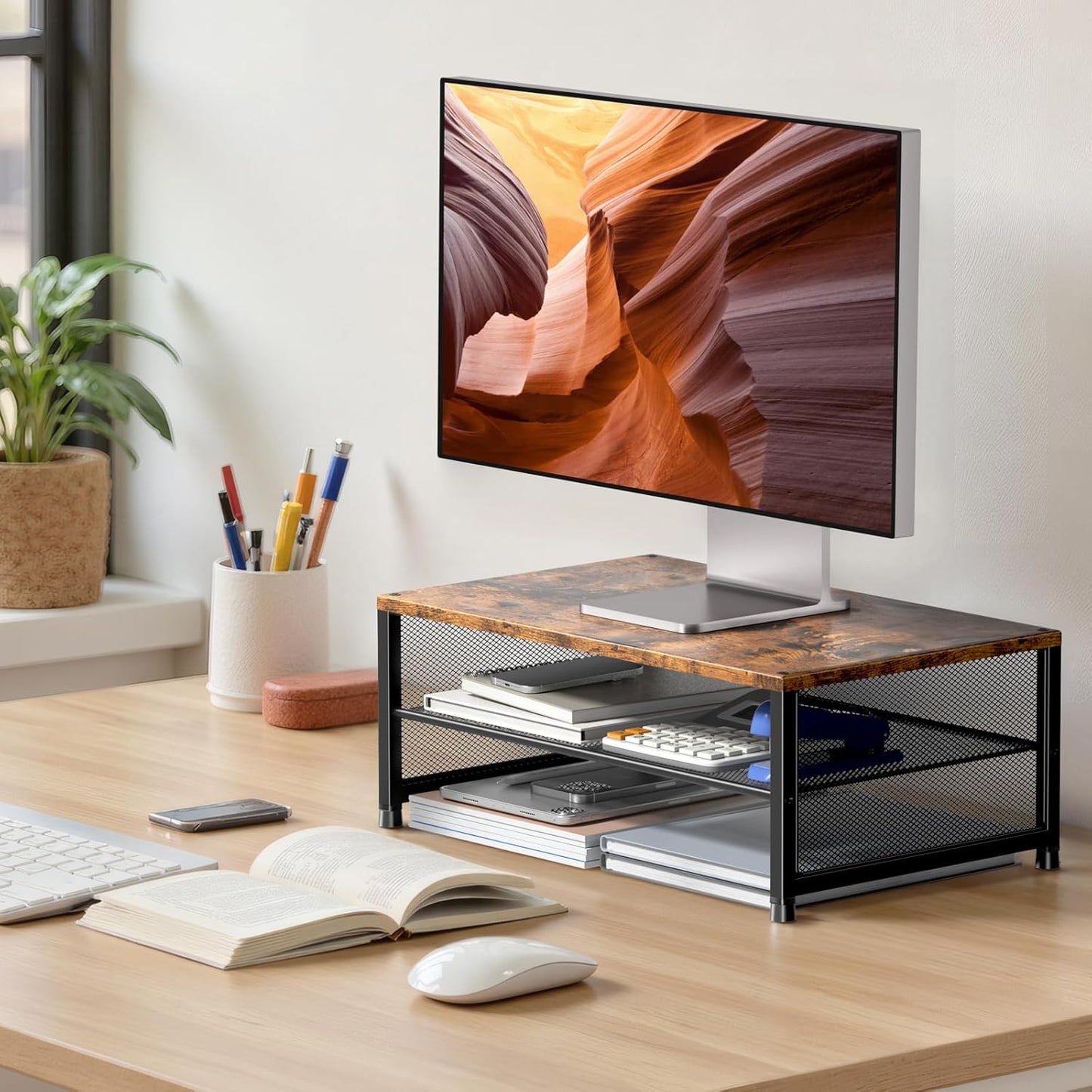Desk Organizers and Accessories, 2-Tier Metal Computer Monitor Stand Riser, Desk Organizer for Monitor, Printer & Laptop Stand, Desktop Workspace Organizers for Office Supplies(Brown)