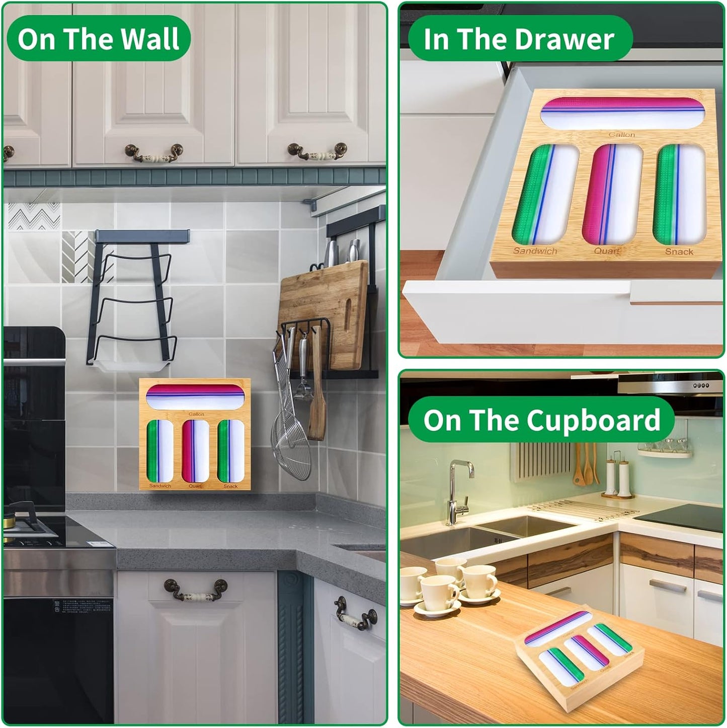 GAC Great American Classics Ziplock Bag Organizer - Kitchen Organizer for Sandwich Bags, Quart, Gallon, Snack – Natural Wood Plastic with Anti-Slip Pads – Space Saving and Practical Solution