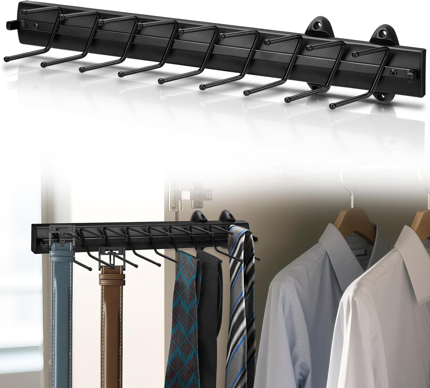Sliding Tie Racks, 18 Tie Hanger Pull Out Belt Rack 16.5'' Aluminum Alloy Extendable Wardrobe Closet Organizer with 18 Hooks for Belts, Ties, and Scarves, 16.5'' x 3.15''(Sprayed Black)