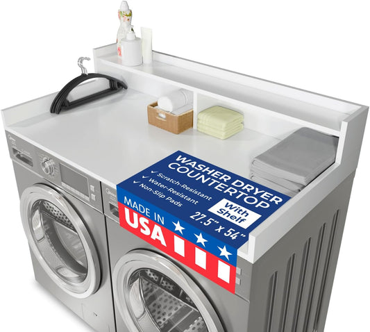 OfficeSimpli Washer Dryer Countertop with Shelf - 27.5 x 54 Inch - Made in USA Laundry Countertop Over Washer and Dryer with Non-Slip Pads, Storage Shelf, Laundry Topper Organizer, Gracier White