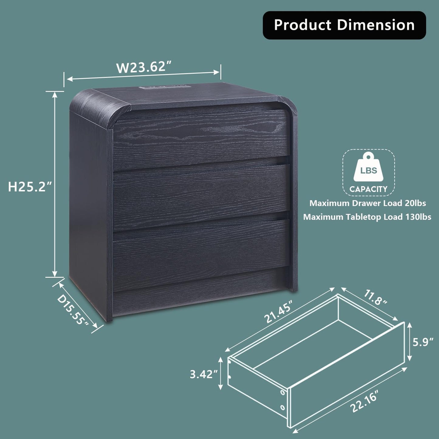 25" Tall Modern Nightstand Set of 2, 23.6" Wide Wood Bedside Table with Charging Station, 3 Storage Drawers Side Table w/Curved Profile Design, End Table for Bedroom, Black
