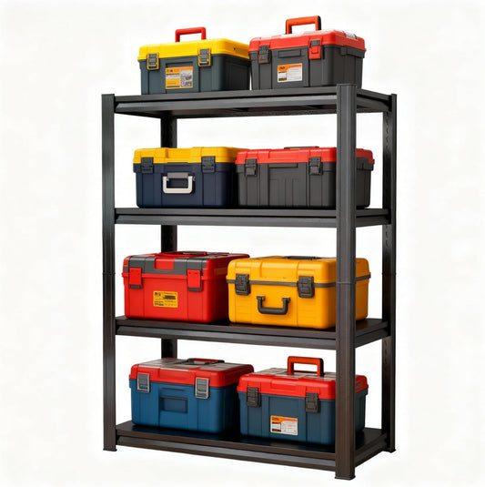63''Storage Shelves, 4-Tier Garage Metal Shelving Unit, Adjustable, Double-Layer Column with Reinforced Ribs, Heavy-Duty, Capable of Bearing 2400 lbs Suitable for Garage, Warehouse, Kitchen Storage