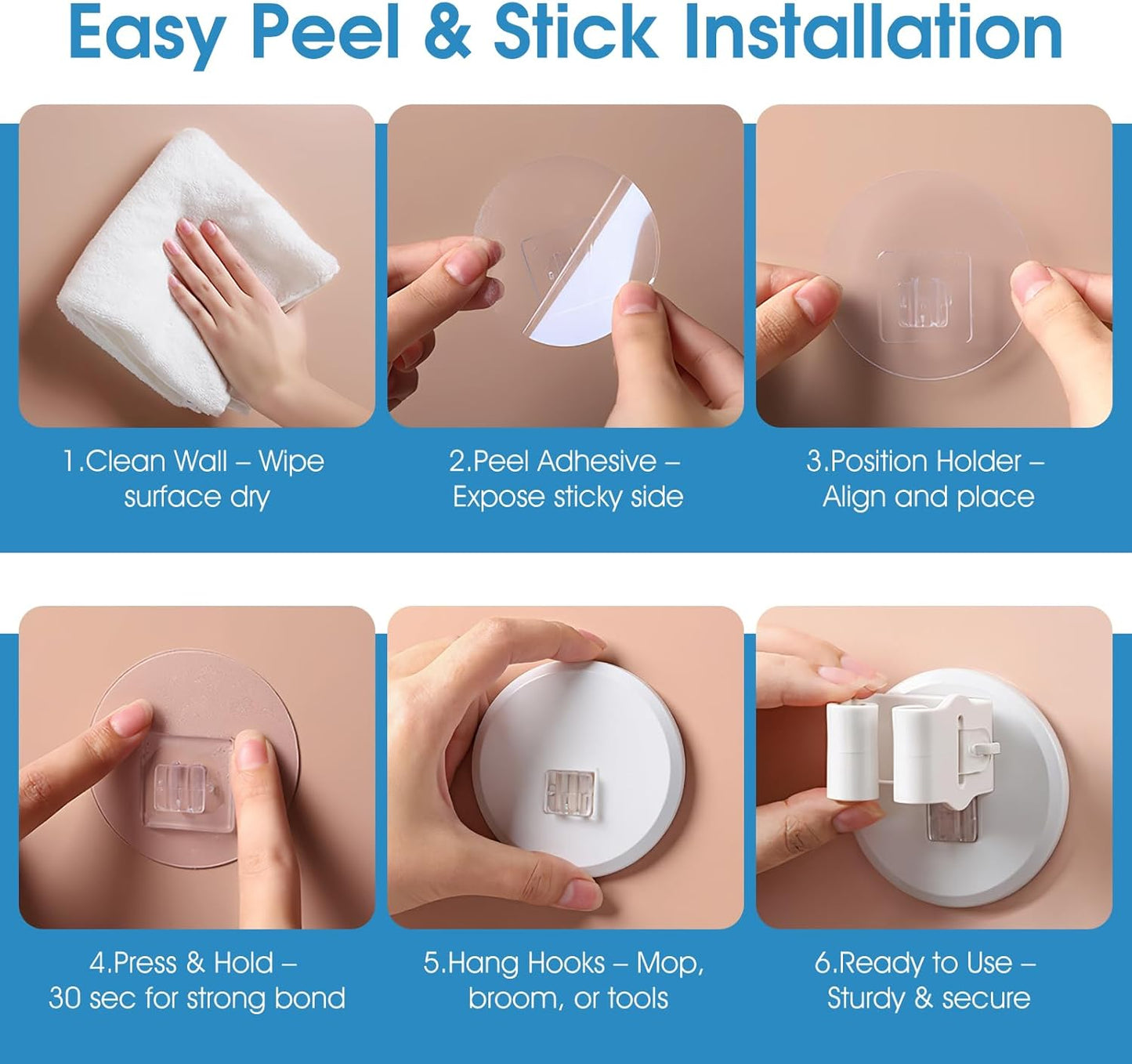 Broom and Mop Holder Wall Mount - 3 Pack Self Adhesive Mop and Broom Organizer - No Drill Heavy Duty Gripper Hooks for Kitchen Bathroom Garage Storage - Space Saving, Waterproof, White