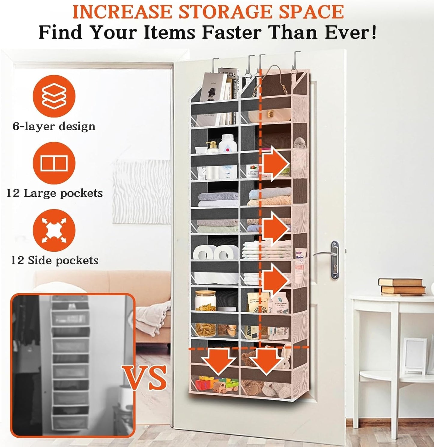 2 Pack Over The Door Organizer 6 Tiers, Extra Large Behind Door Storage of 12 Compartments, 80 lbs Weight Capacity Hanging Storage Organizer with Clear Window Kids Toys,Shoes (6 Tiers - Grey)