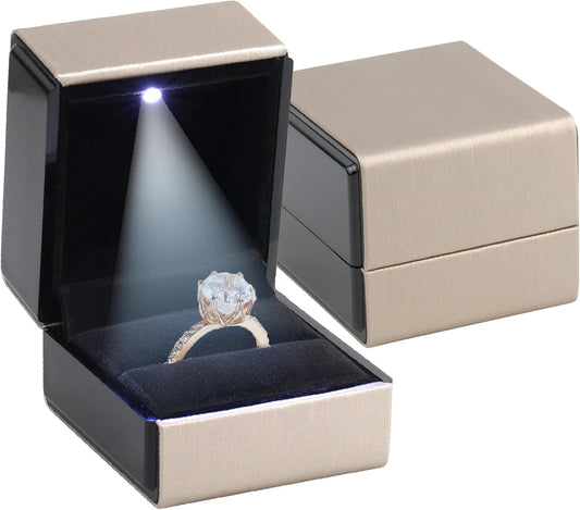 Novel Box Square Shaped Gold Ring Box With LED Light 2.25X2X2.5 Inches - Jewelry Ring Case Best for Jewelry Displays - Gift Boxes for Mother's Day, Engagement, Anniversary & more Happy Occasions