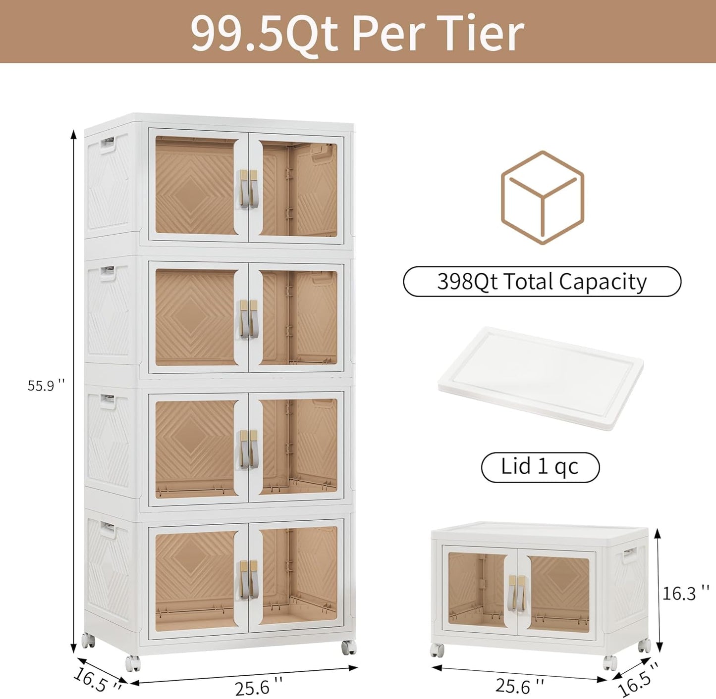 Large Clear Stackable Storage Bins with Lids, Foldable Storage Cabinet for Closet Organizers and Storage, Plastic Storage Box with Wheels 398 QT