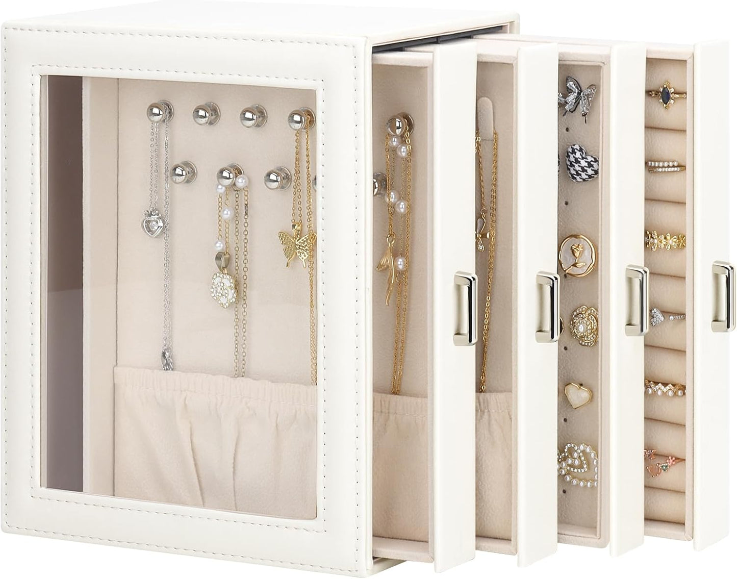 DesignSter Jewelry Box Organizer, Jewelry Box for Women, PU Jewelry Organizer Display Case with Side Drawers, Jewelry Storage for Earring Necklace Ring Bracelet Watch
