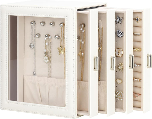 DesignSter Jewelry Box Organizer, Jewelry Box for Women, PU Jewelry Organizer Display Case with Side Drawers, Jewelry Storage for Earring Necklace Ring Bracelet Watch
