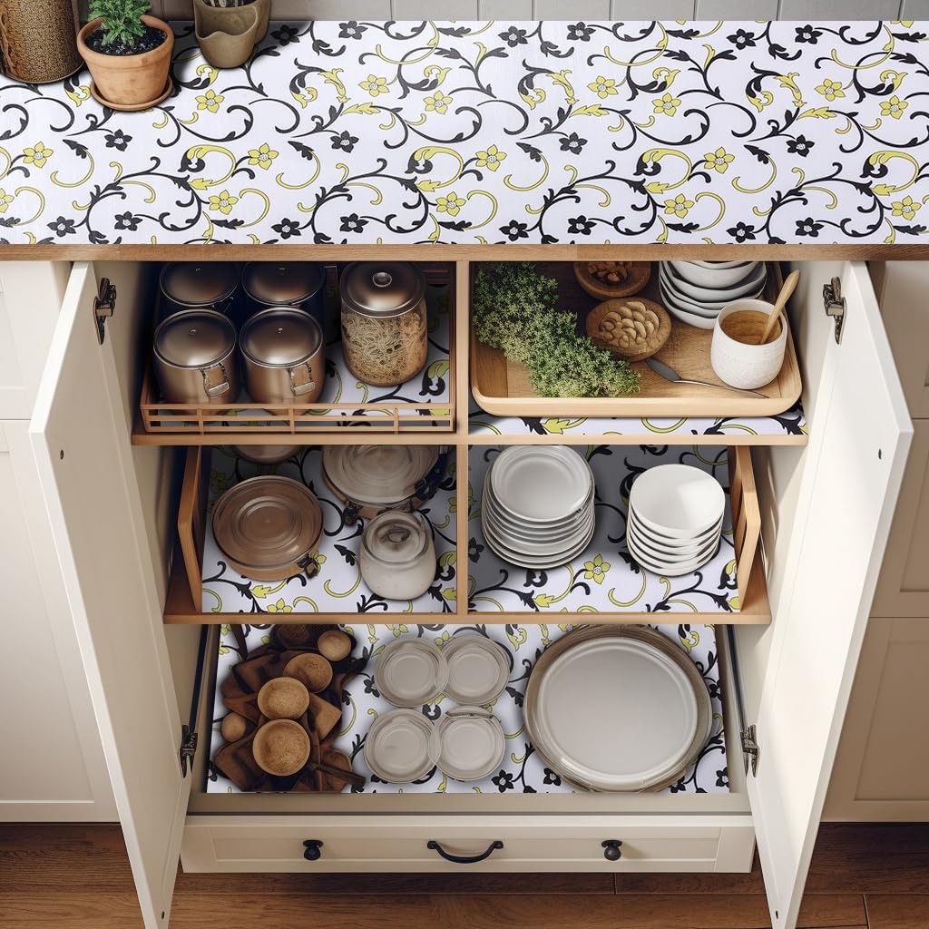 18" W x 96" L Floral Drawer and Shelf Liner for Cabinets, Non-Adhesive Strong Grip Non-Slip Flower Shelf Cabinet Kitchen Shelf Liners for Kitchen Cabinets