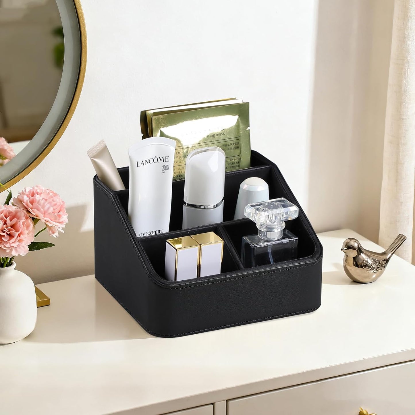 Remote Control Holder, PU Leather Small Desk Organizer with 4 Compartments, Nightstand Organizer Desk Caddy for Remote, Notepad, Phone, Glasses, and Accessories (Black)