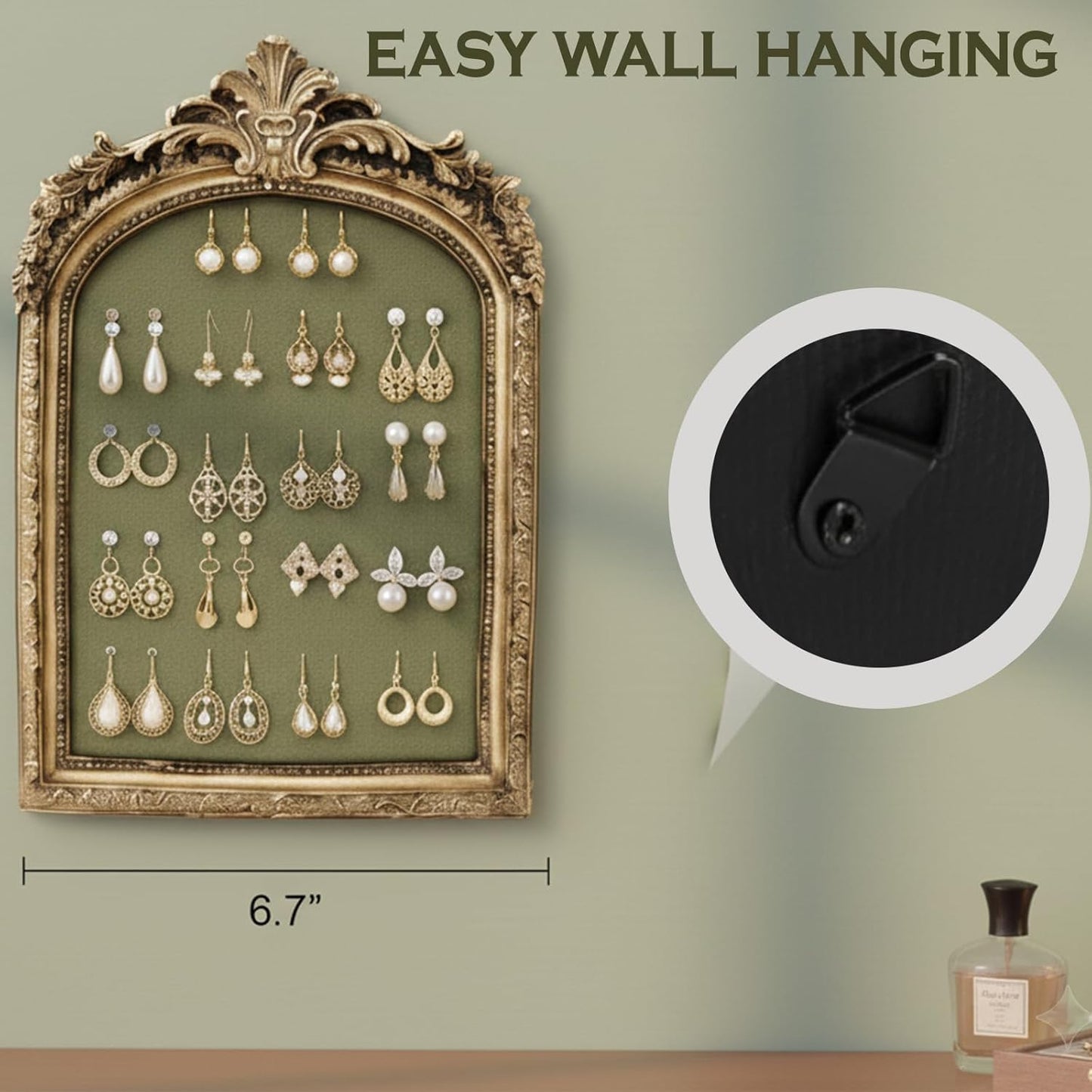 Green Velvet Jewelry Holder Organizer & Necklace Display Stand, 10 * 6.7inches Vintage Jewelry Storage with Gold Frame for Bracelet Earring Rings, Pearl