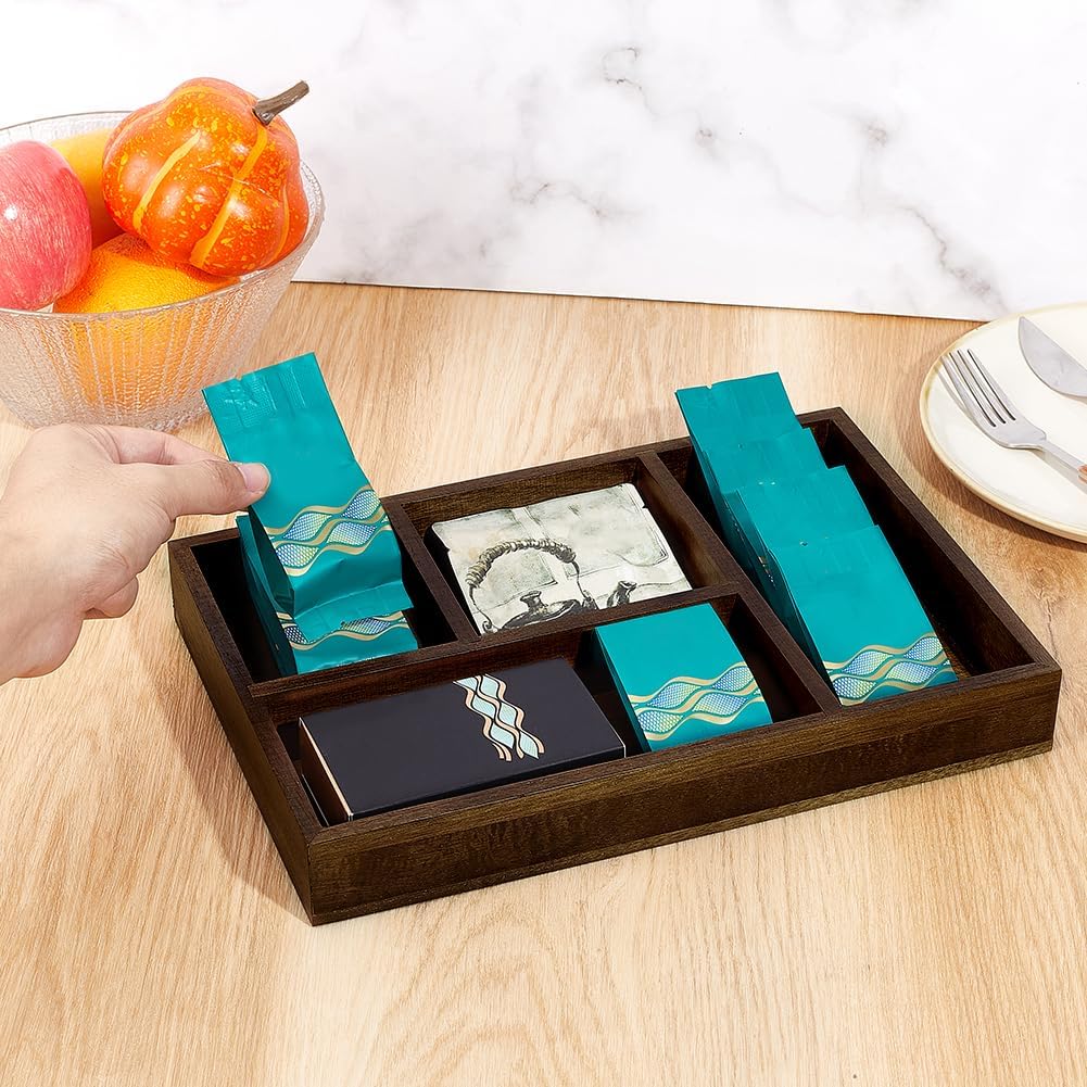PH PandaHall 5 Grids Wooden Tea Bag Organizer Tea Storage Tray Sugar Packet Holder Condiment Storage Containers Sweeteners Candy Organizer Box for Coffee Station Kitchen Countertop Office Supplies