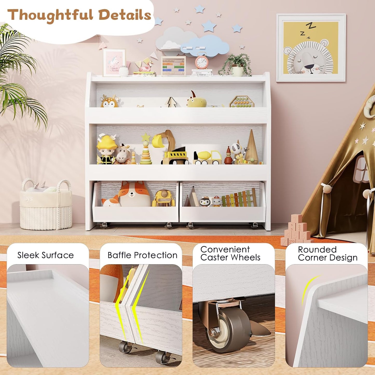 COZPAW Toy Storage Organizer, 3 Tier Montessori Shelf with Movable Bins, Toy Organizers Book Shelf for Kids Room, Playroom, Nursery (White)