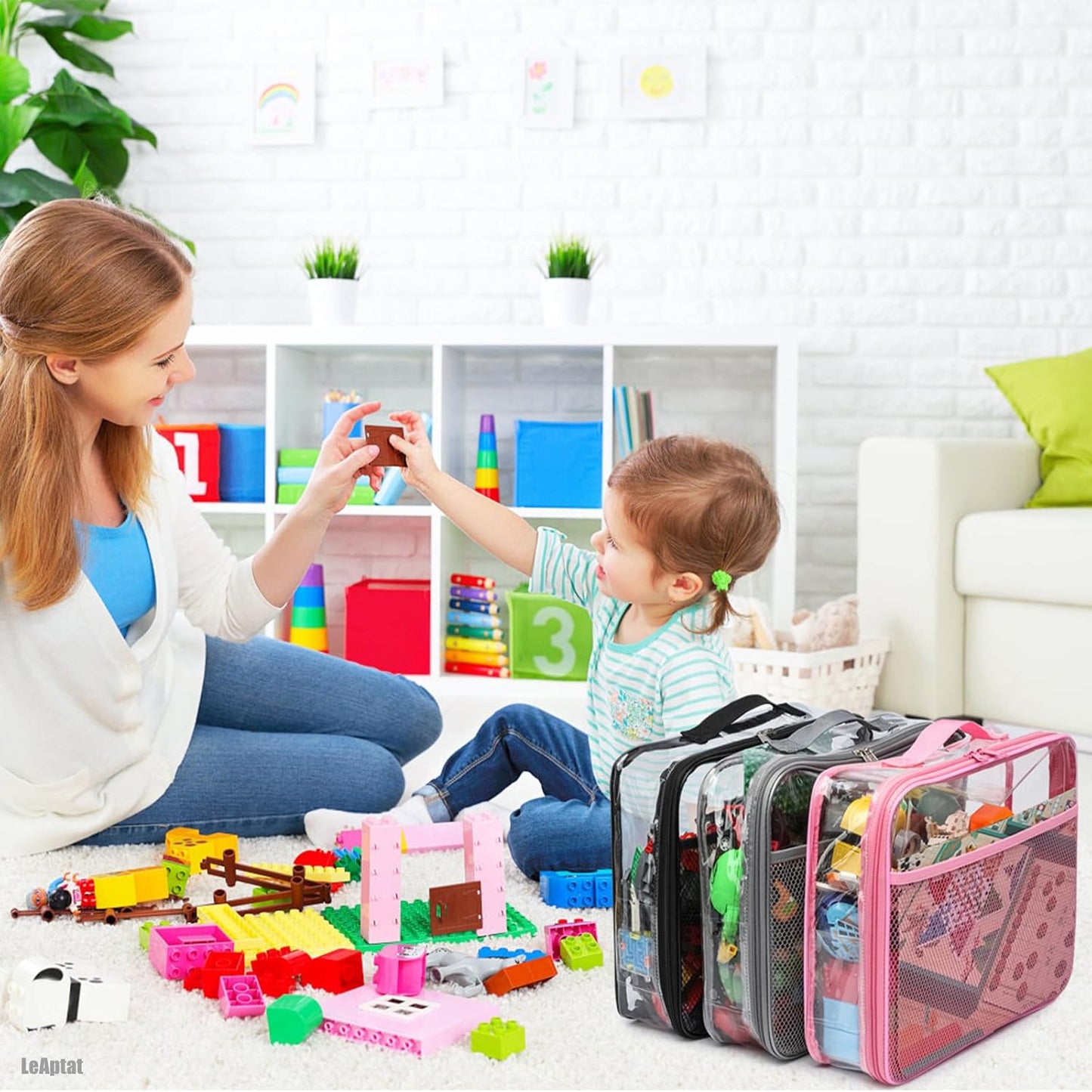 4 Pack Clear PVC Waterproof Toy Storage Bags with Name Tag Pockets - Zippered Organizer for 2x4 Building Blocks, Puzzles, Travel Toiletries, Kids Room Organization, With Name Tag Pocket (Pink, Large)