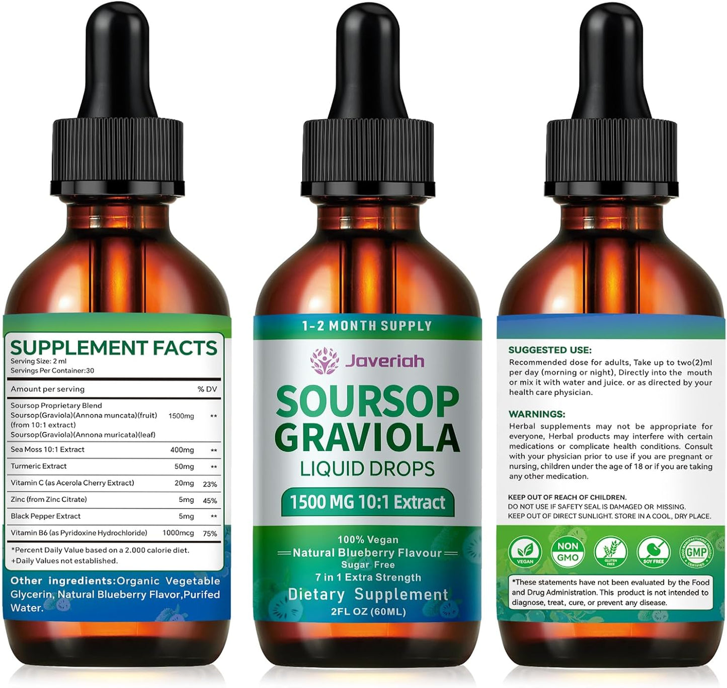 Soursop Bitters Liquid Drops Supplement with Irish Sea Moss & Turmeric for Cellular Support, Immune System Boost, Liver Health, Soursop Graviola Liquid Leaves Extract 2 Month Supply 60ML