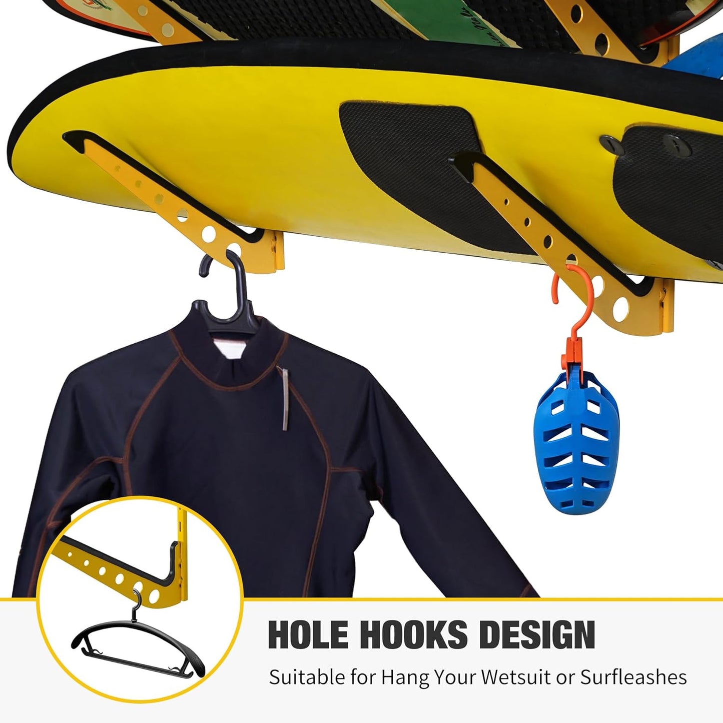 5 Board Surf Rack Wall Mount for Surfboard, Wakeboard, Snowboard Storage Adjustable Wall Hangers Boards Display, Yellow
