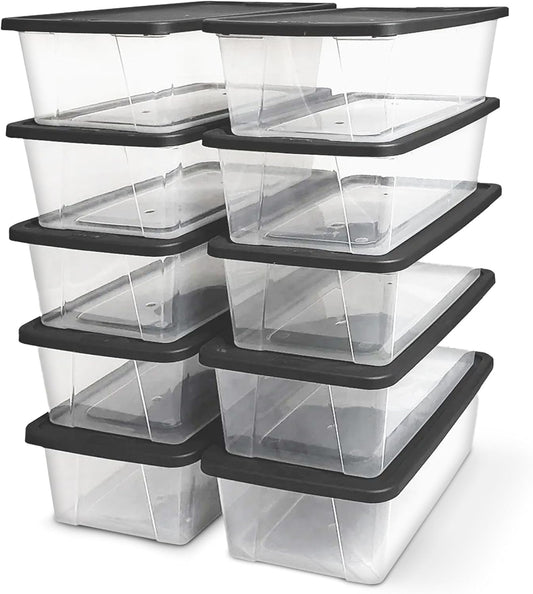 HOMZ 10-Pack Snaplock, Small Clear Plastic Storage Organizer Bins w/Lids, 6 Quart, Gray - Stackable Container Boxes for Bedroom, Bathroom, Garage, and Office Organization