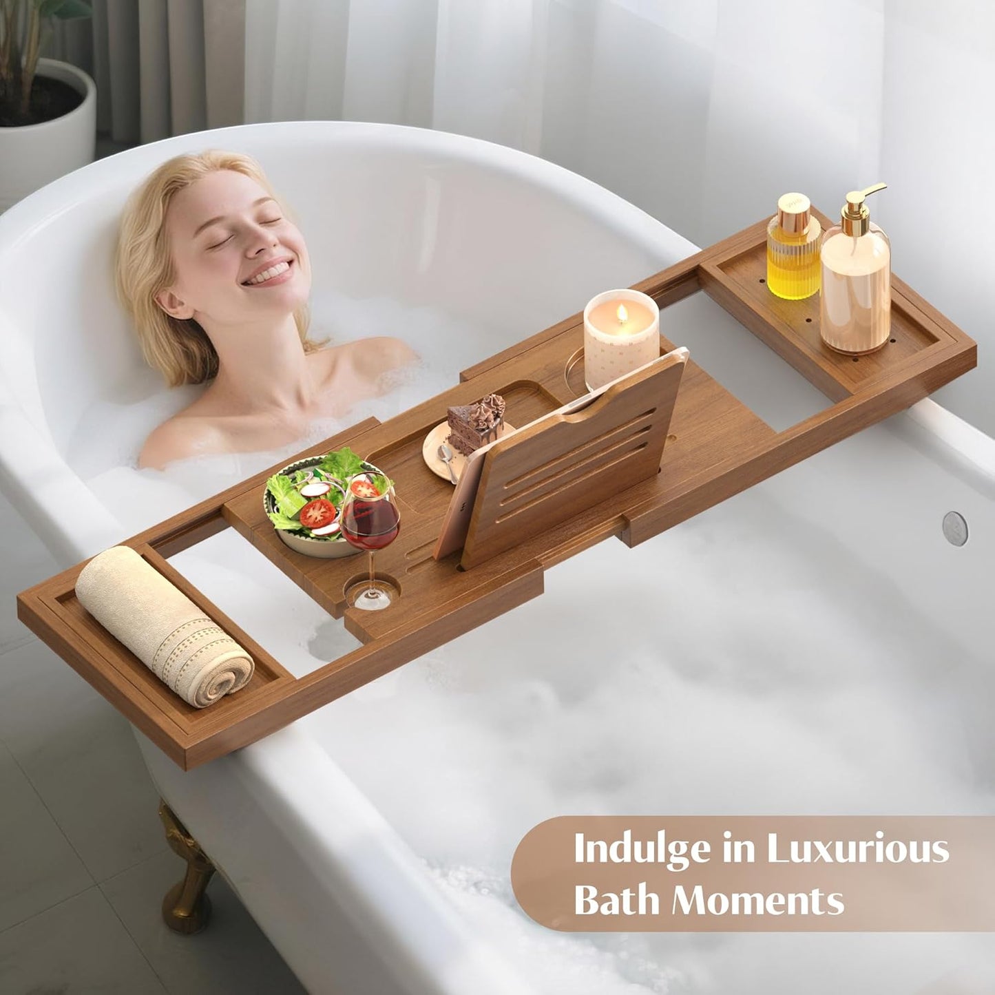 Teak Bathtub Tray, Expandable Wooden Bath Tray for Tub, Luxury Bath Caddy for Bathtub, Birthday & Wedding for Couple Bridal Shower Present, House Warming Gifts New Home
