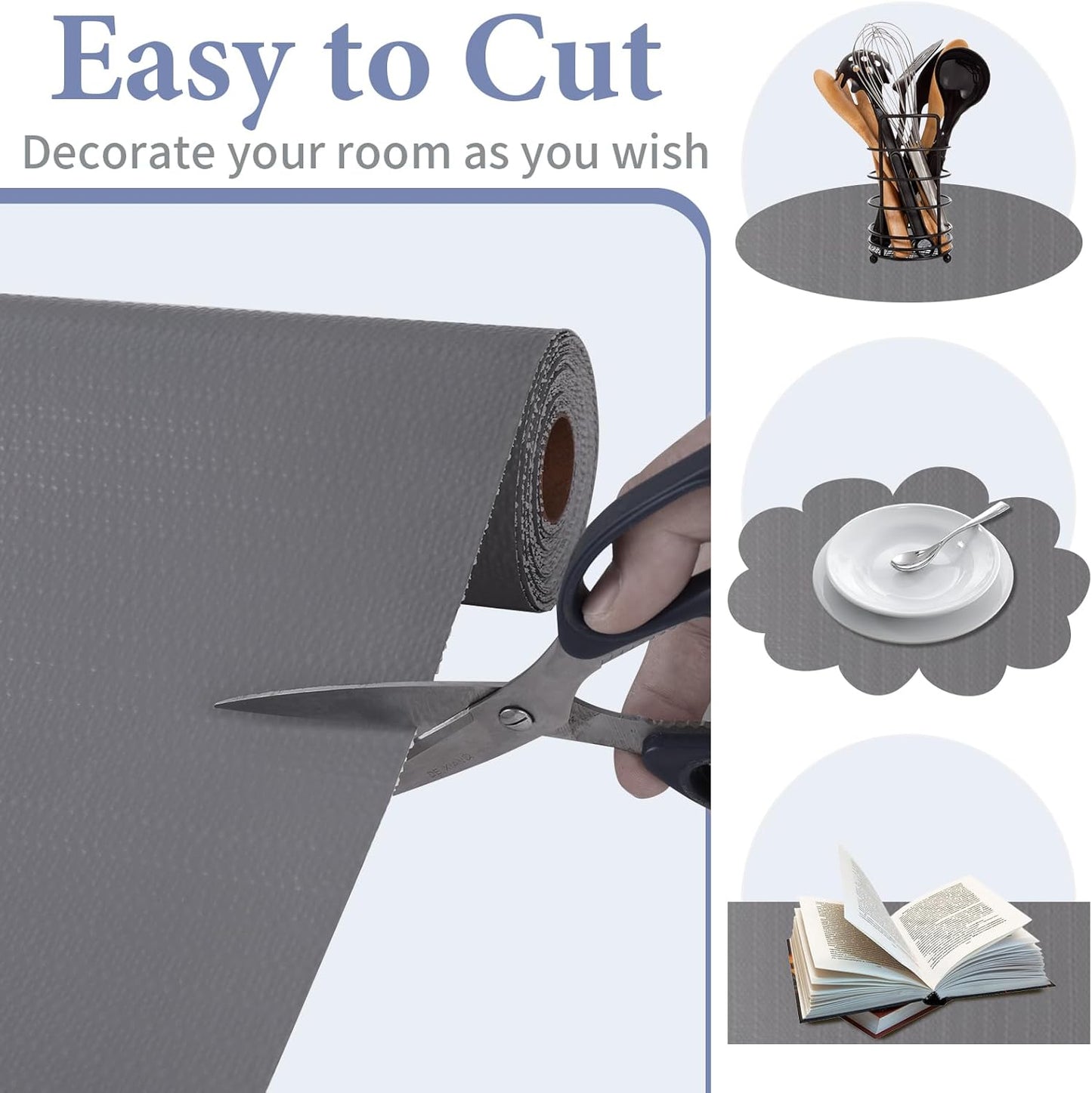 Drawer and Shelf Liner for Kitchen Cabinet: 23in X 90 Ft Non Slip Waterproof Shelf Paper Non Adhesive Refrigerator Liners Gray Easy Liners for Bathroom Cupboard with Knife Tape Measure