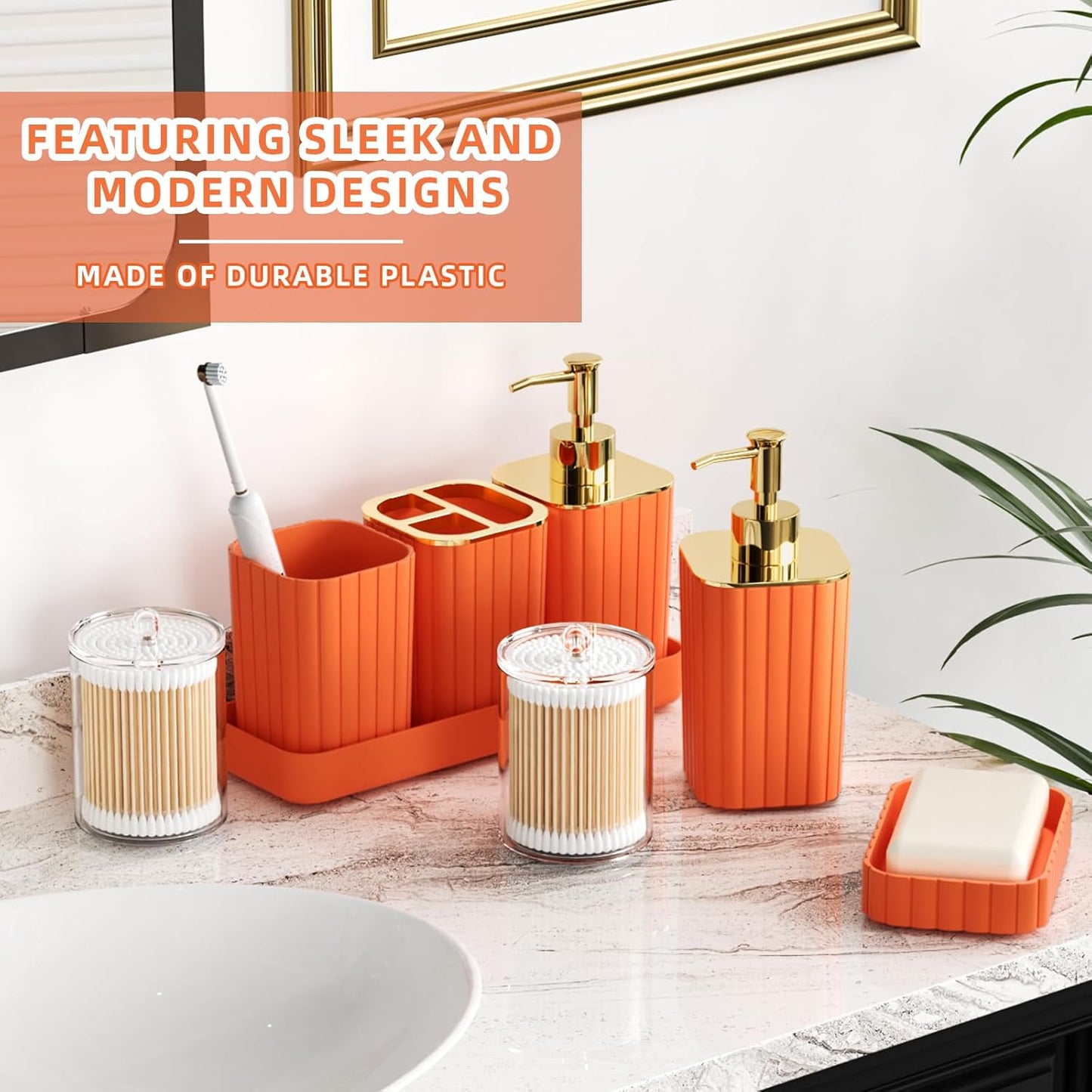 Bathroom Accessories Set - Gorgeous Bathroom Set, 10PC Orange Bathroom Accessory Set, Orange Bathroom Sets, Toilet Brush, Trash Can & Soap Dispenser