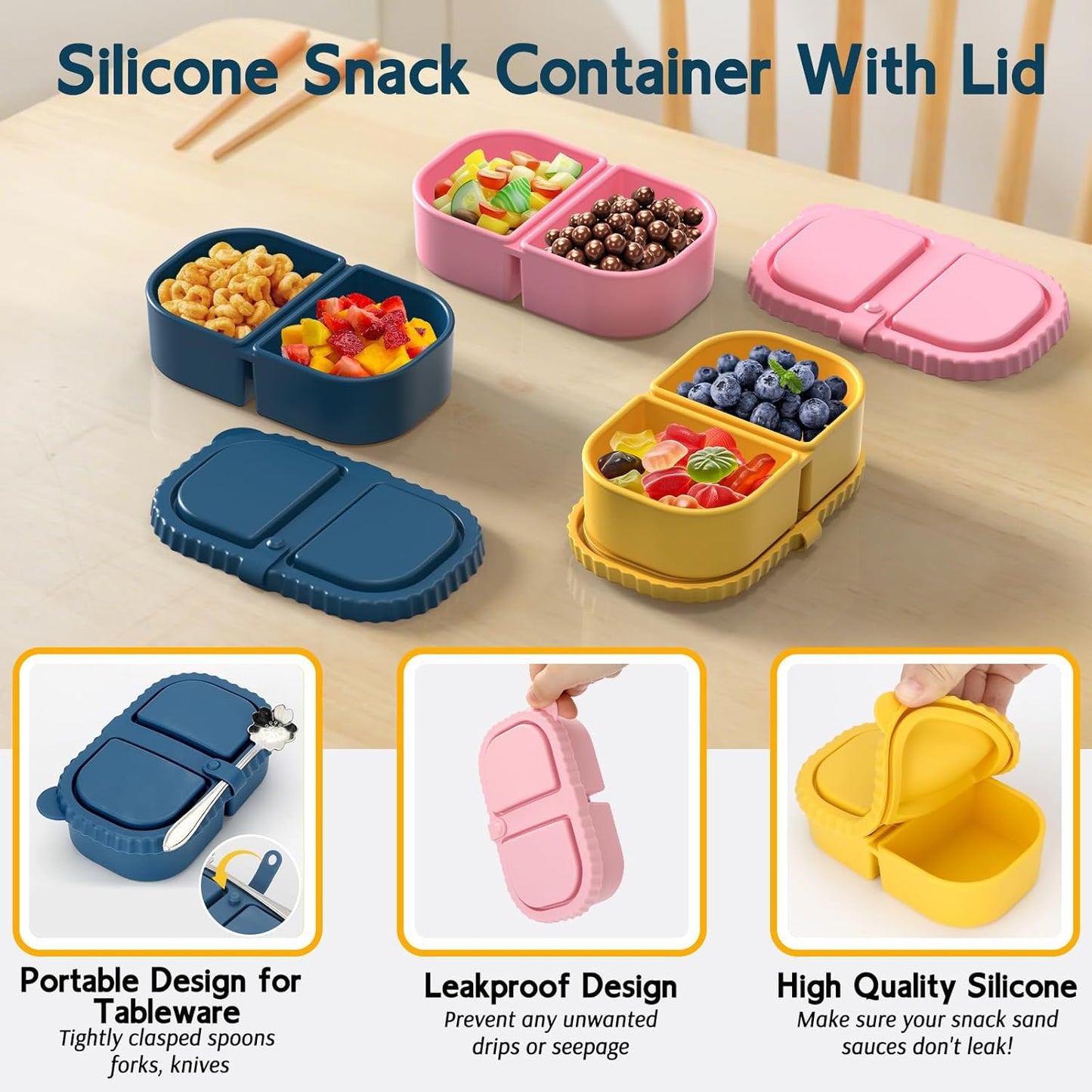 3 Pack Reusable Silicone Snack Containers with Lids, Meal Prep Containers 2 Compartments, Portable Silicone Food Storage Box for Picnic, School, Office (3)