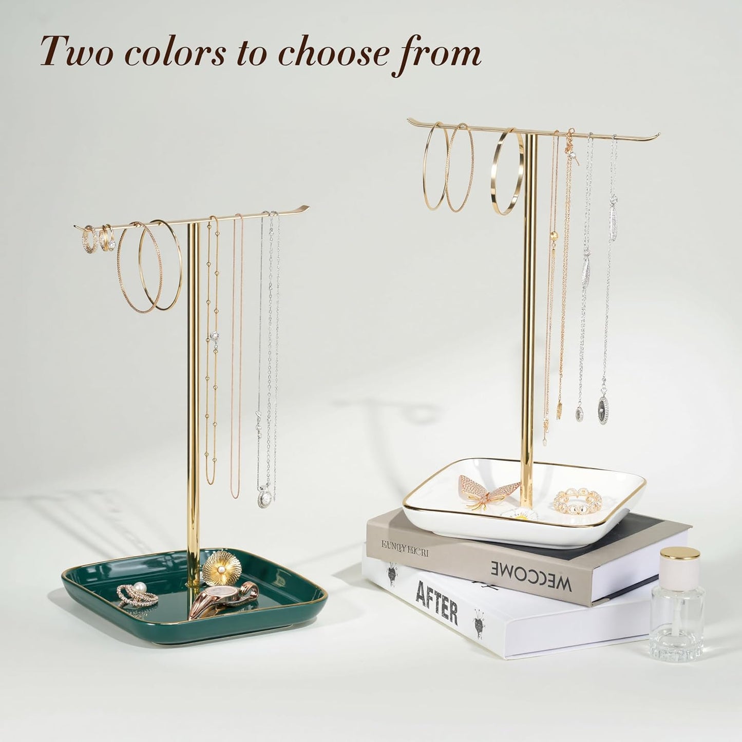 Jewelry Holder Stand with Ceramic Base: 12" Tall Necklace Organizer Rack, Tree Design Display Storage for Necklaces, Bracelets, Rings, Earrings, Aesthetic Room Décor for Girls and Women, Gold