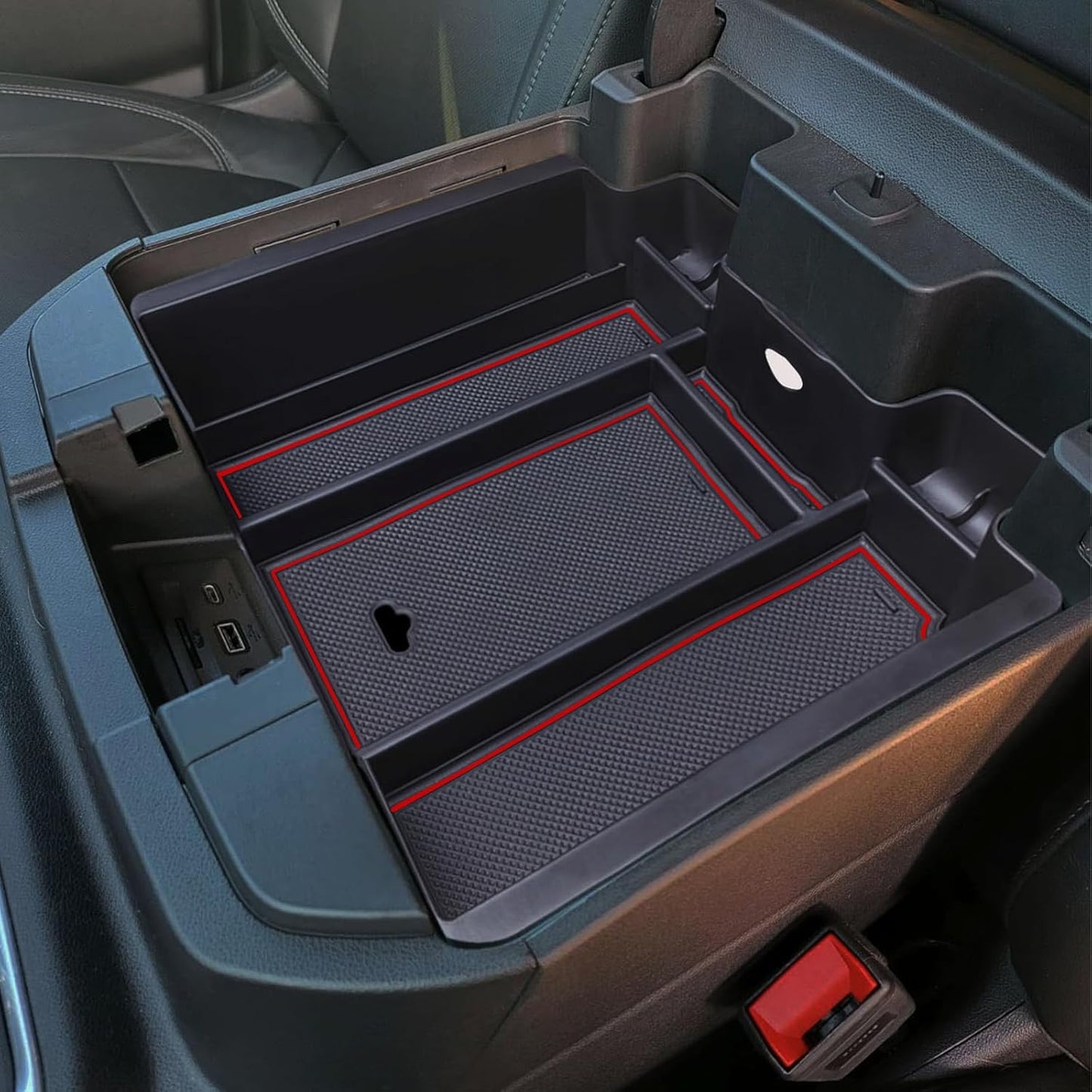 Full Size Center Console Armrest Box Organizer Tray for 2019-2022 Chevy Silverado/GMC Sierra 1500 and 2020-2023 Silverado/Sierra 2500/3500 HD (Full Console w/Bucket Seats ONLY) Red Trim