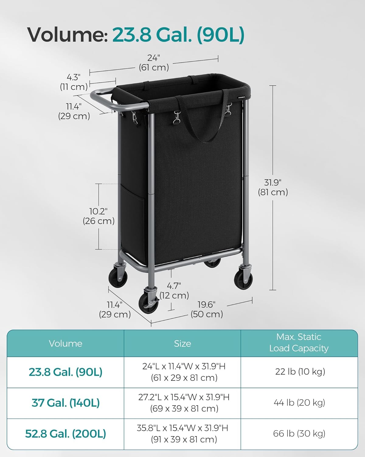SONGMICS Laundry Basket with Wheels, Rolling Laundry Hamper, 23.8 Gallons (90 L), Removable Liner, Steel Frame with Handle, 24 x 11.4 x 31.9 Inches, Ink Black URLS003B01