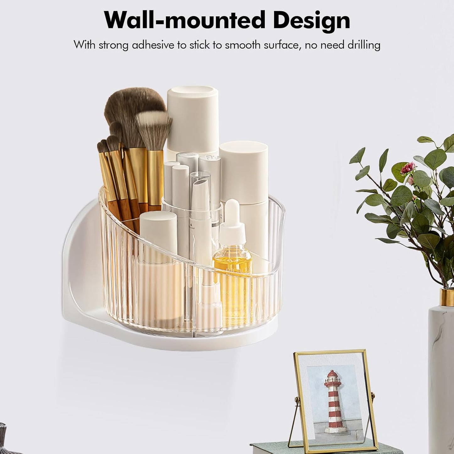 Poeland Wall Mounted Makeup Brushes Organizer, 360 Rotating Makeup Holder with 6 Compartments for Skincare Products, Makeup Brushes