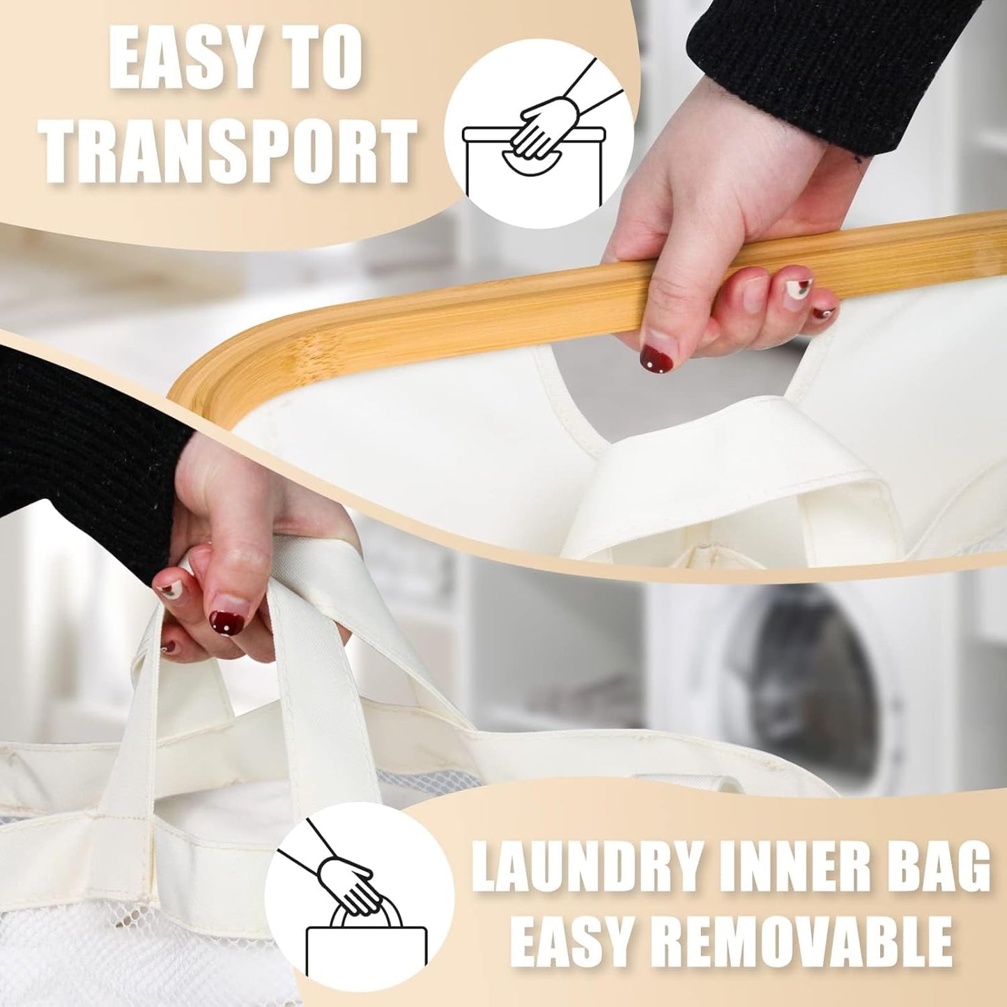 Extra Large 3 Section Dirty Clothes Laundry Basket with Lid, Dirty Clothes Hampers with Removable Bags for Bedroom and Laundry Room, Beige