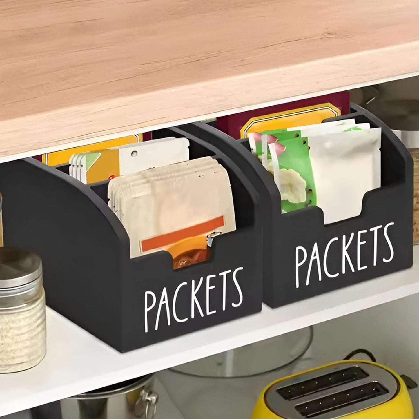 Snack Packet Organizer Box - Snack Organizer, Kitchen Countertop Storage, Portion Control Bin for Pantry | Declutter Drawer Organizers for Ramen Seasoning, taco bel Sauce, Chipotle, Crea
