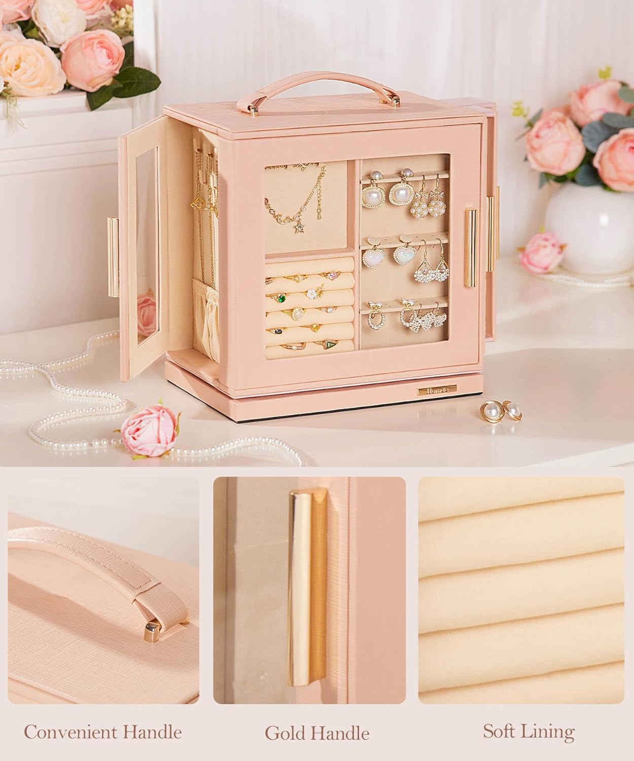 Homde Christmas Gifts Jewelry Box 360° Rotating, Necklace Earring Organizer with Transparent Window, Mirror, 7 Drawers, Large Ring Display Storage Case for Girls Women (Peach Pink)