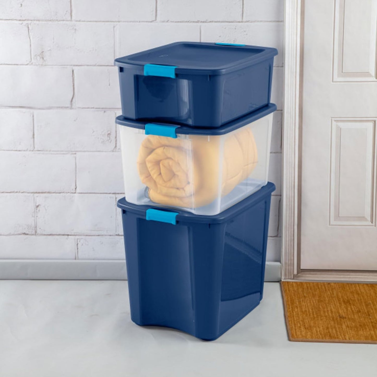 Sterilite 18 Gal Latch and Carry, Stackable Storage Bin with Latching Lid, Plastic Container to Organize Closets, Clear with Blue Lid, 6-Pack