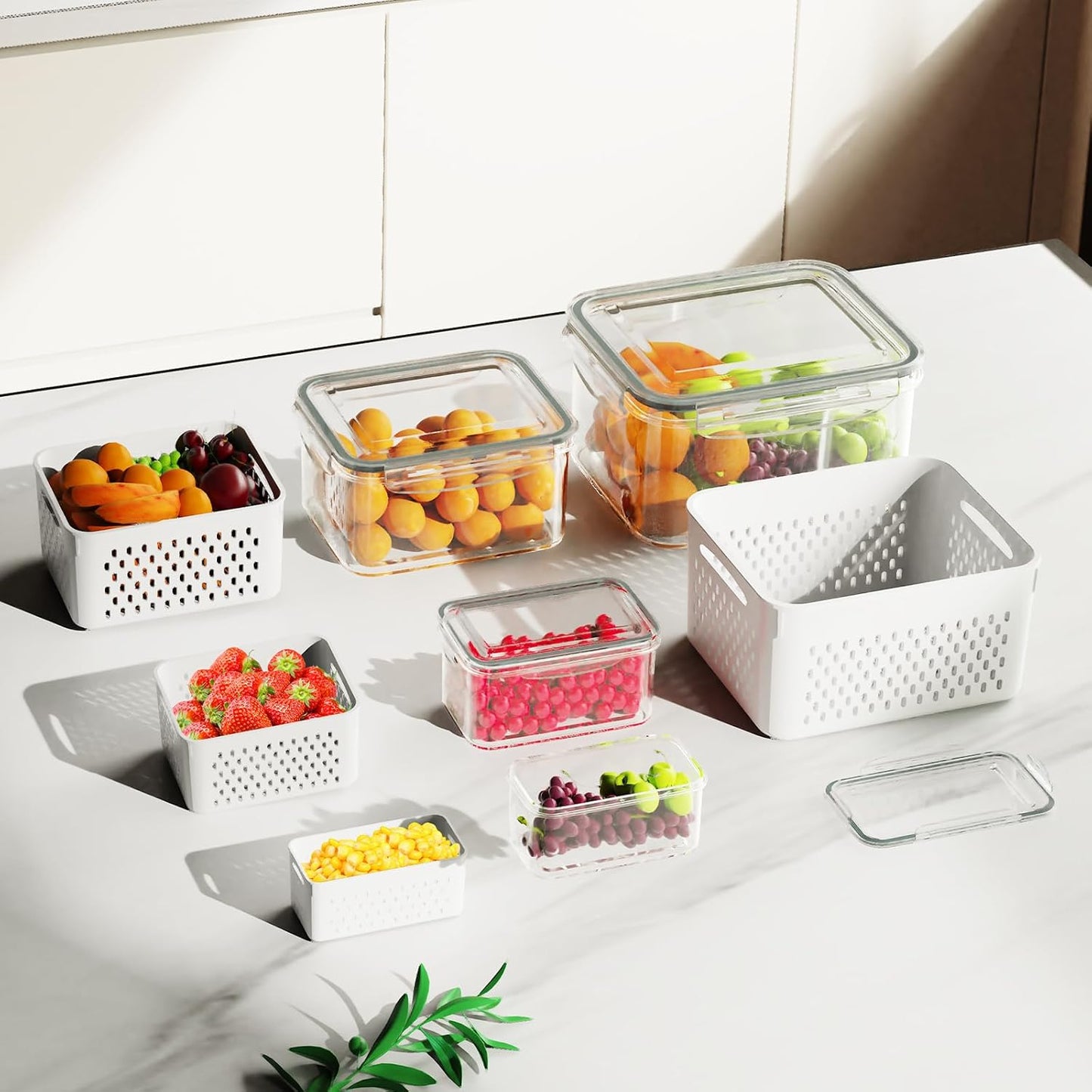 4 Pcs Fruit Storage Containers for Fridge (with Drain Basket) - Leak-Proof Food Containers, BPA-Free, Keep Fruits, Vegetables, Berries, and Meats Fresh for a Long Time, Dishwasher and Microwave Safe