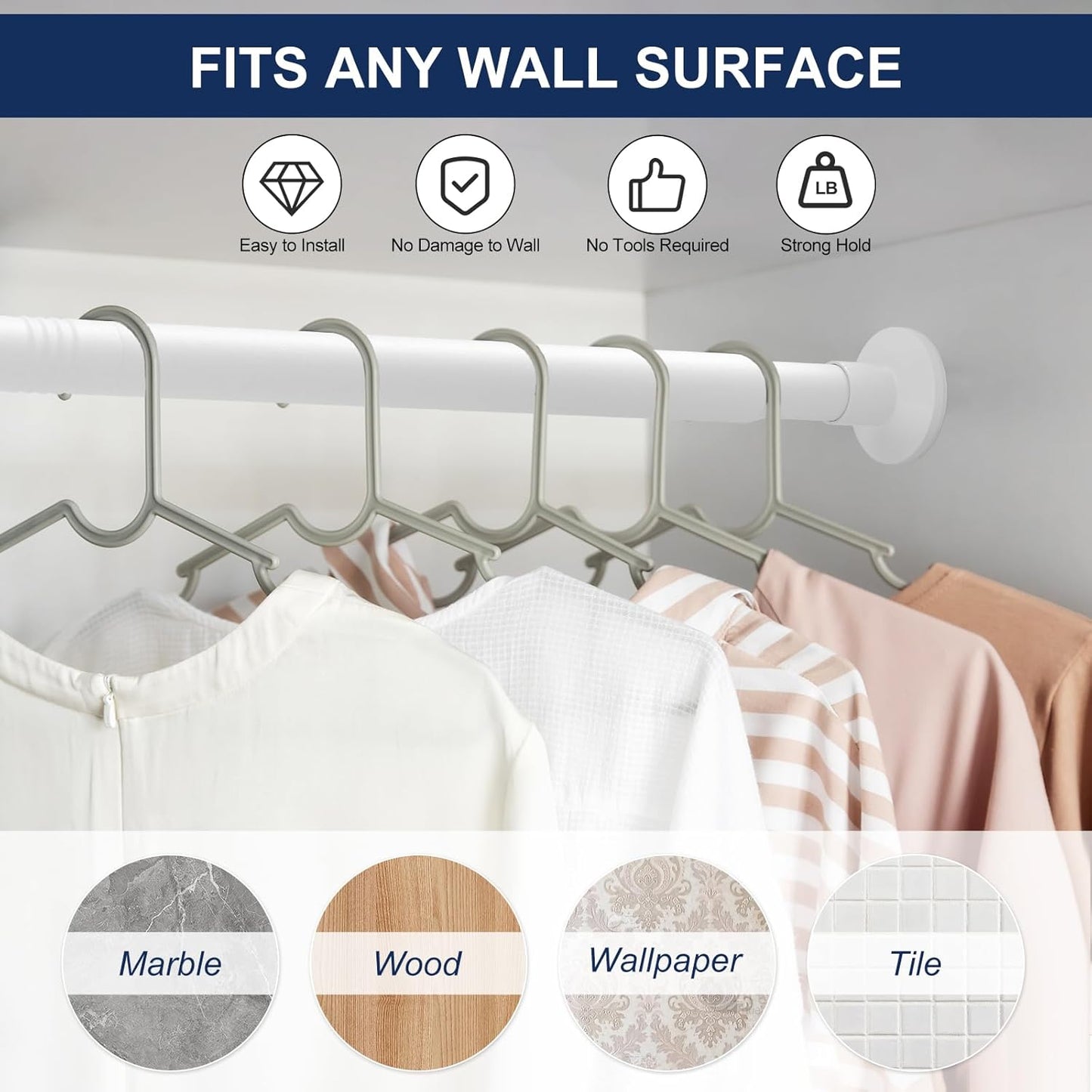 No Drilling Closet Rod, 27.5-94 Inches Hanging Closet Rod for Clothes, Closet Bar & Pole Heavy-duty, Closet Rods for Hanging Clothes For Closet Wardrobes Bathroom Laundry RV Curtains,White