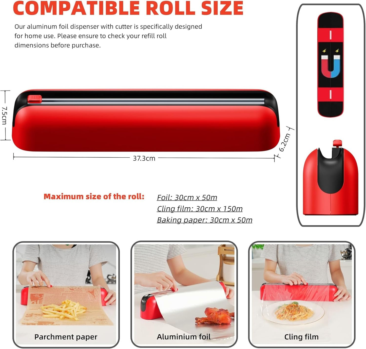 Aluminum Foil & Plastic Wrap Dispenser with Cutter - Easy One-Hand Operation, Space-Saving Kitchen Organizer for Worktops & Cabinets, Magnetic Cling Film Dispenser - Fits 12" Rolls, Red