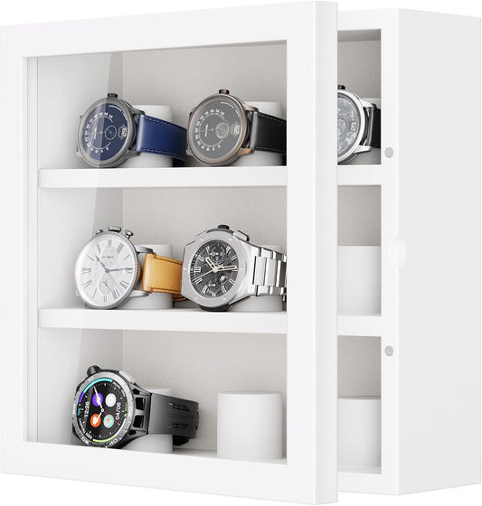 TJ.MOREE 9-Slot Watch Display Case, Wall Mount Wooden Watch Box, Vertical Storage Men’s Watch Box-White