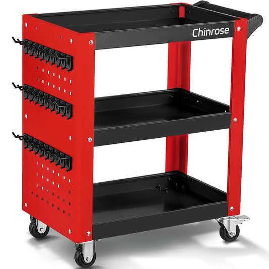 3 Tier Rolling Tool Cart on Wheels, Mechanic Storage Organizer, Rolling Work Cart with Pegboard for Garage, Workshop, Warehouse (Red and Black)