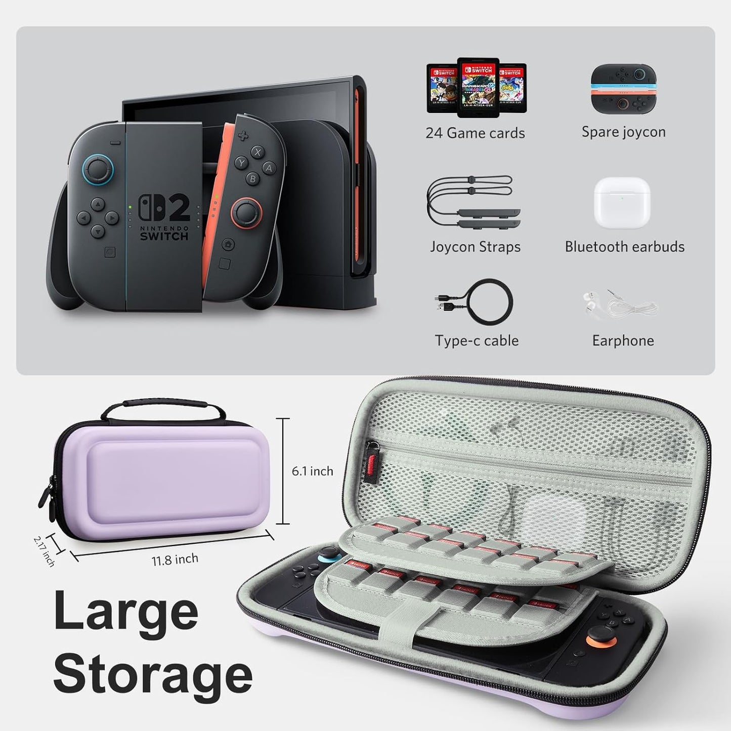 CoBak Large Capacity Carrying Case for Nintendo Switch 2 (2025) - 3 in 1 Accessories Bundle with 2 Screen Protectors, Thumb Grip Caps, 24 Game Cartridges, Hard Shell Portable Travel Pouch, Purple