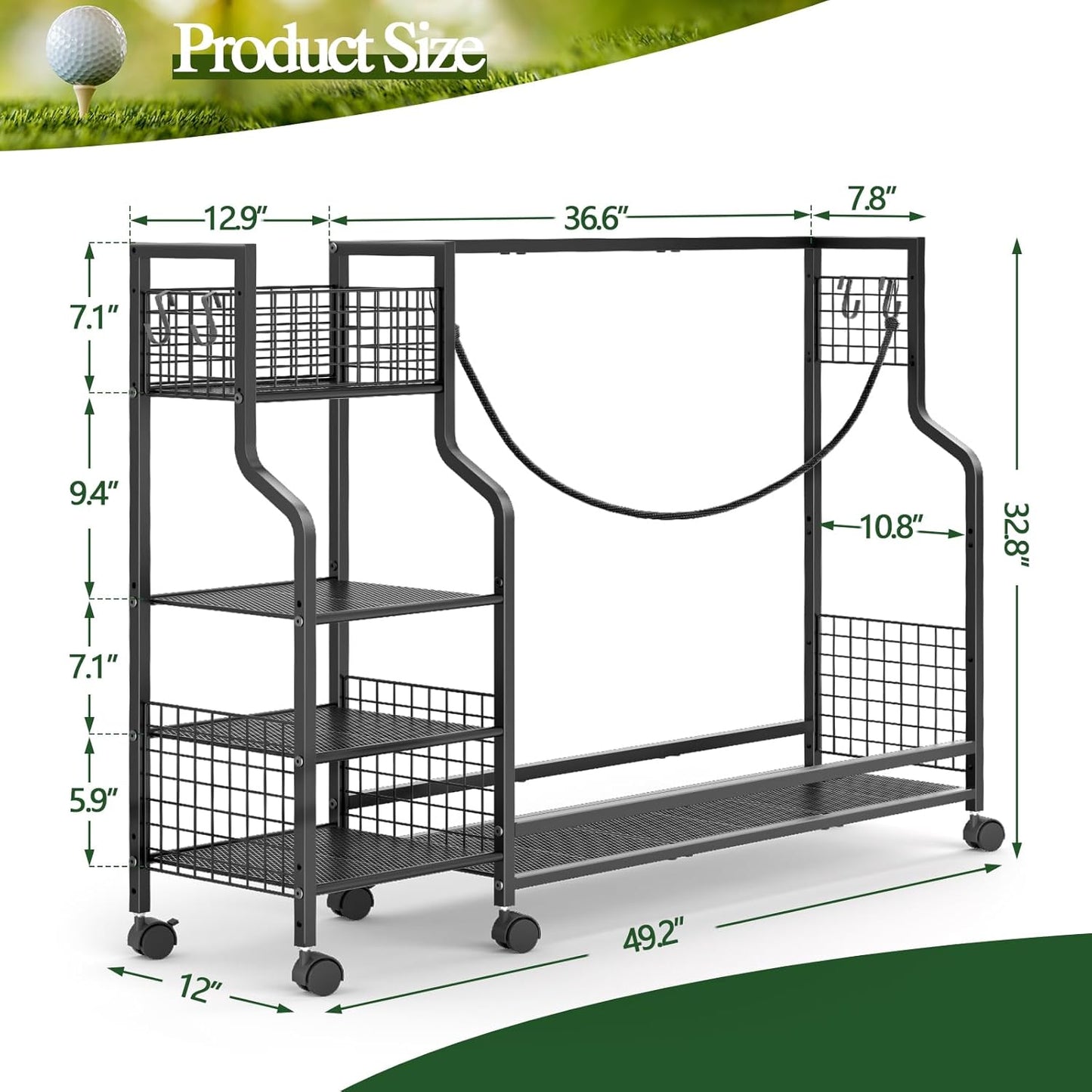 Golf Bag Storage Rack for Garage with Wheels, Organizer for Golf Bag and Equipment Accessories, Golf Organizer Stand Ideal for Home, Garage, Club, Shed, Basement - Sturdy and Durable (Black)