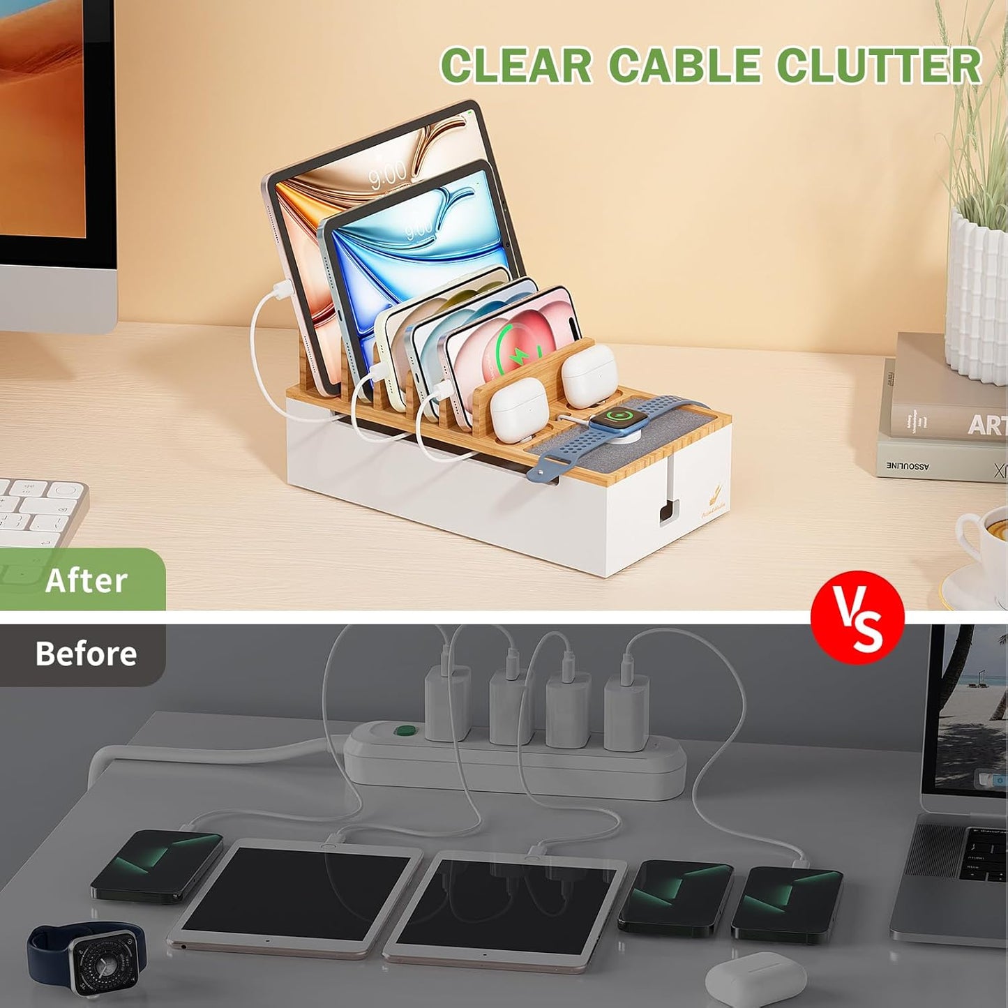 Pezin&Hulin Multi Devices Charging Station, With USB Adapter and 6 Cables, Cord Organizer for Desk, Cell Phone Charger Dock to Management Cables and Power Strip, Desktop Cord Hider Box -Natural +White