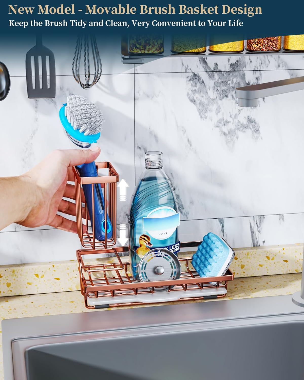 Consumest Sponge Holder for Kitchen Sink - Sink Caddy Kitchen Organizer with Removable Drip Tray for Countertop Dish Soap Dispenser Brush Storage Accessories 304 Stainless Steel, Rose Gold