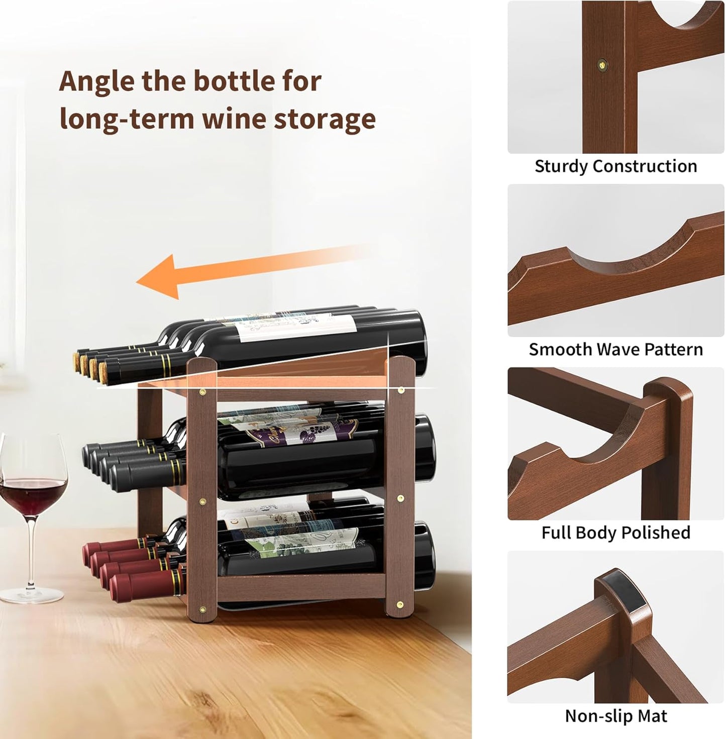 Wine Rack Bamboo Wine Racks Countertop,Sturdy Wine Rack for Inside Cabinet & Freestanding Floor,2 Set of 3-Tier 12 Bottles Racks for Kitchen,Cabinets,Home Bar,Wine Storage Racks(3-Tiers)