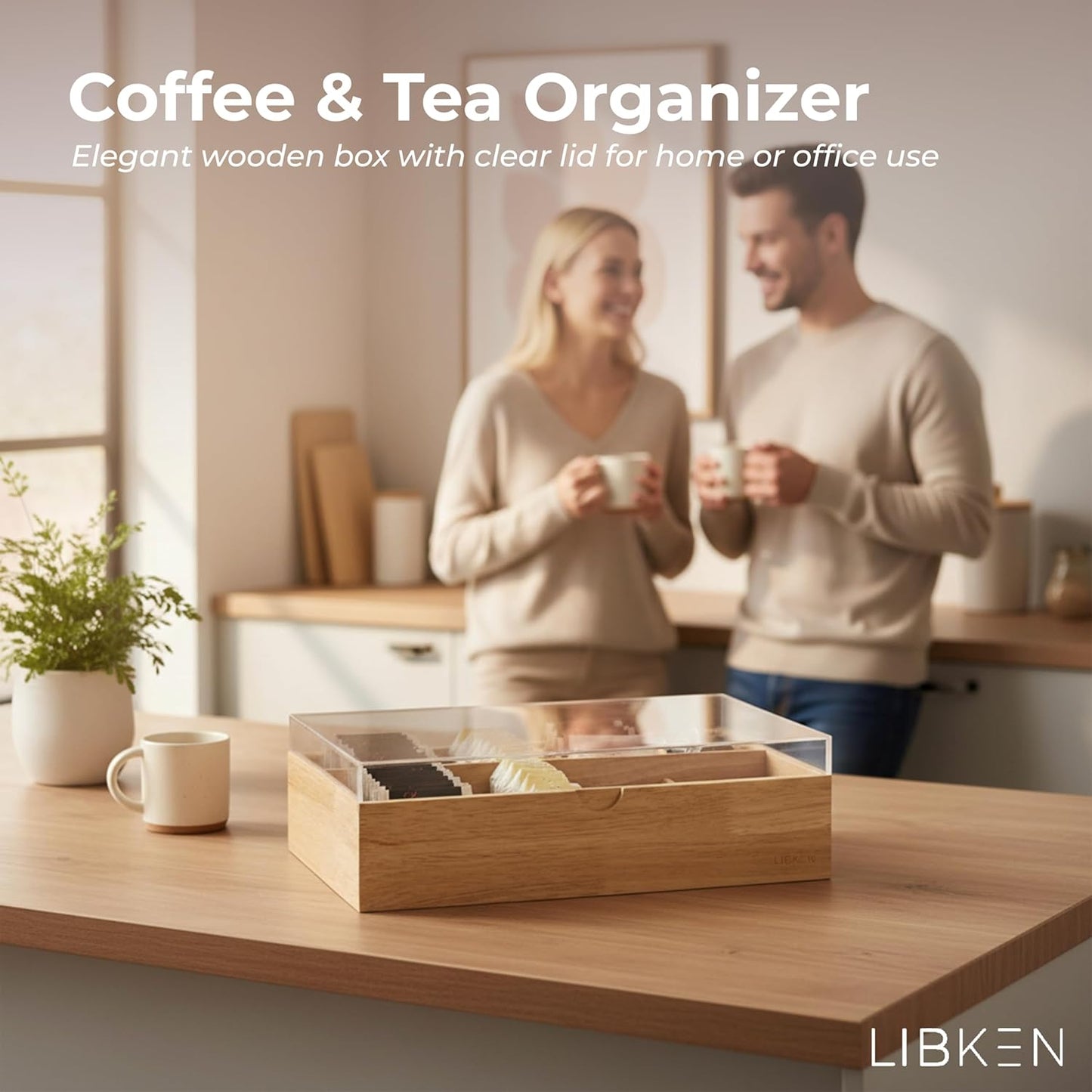 Wooden Tea Bag Organizer Box – 8 Compartment Tea Storage with Clear Lid – Minimalist Scandinavian Design – Versatile Wooden Tea Box for Tea Bags, Jewelry, Crafts, Office & Countertop Storage