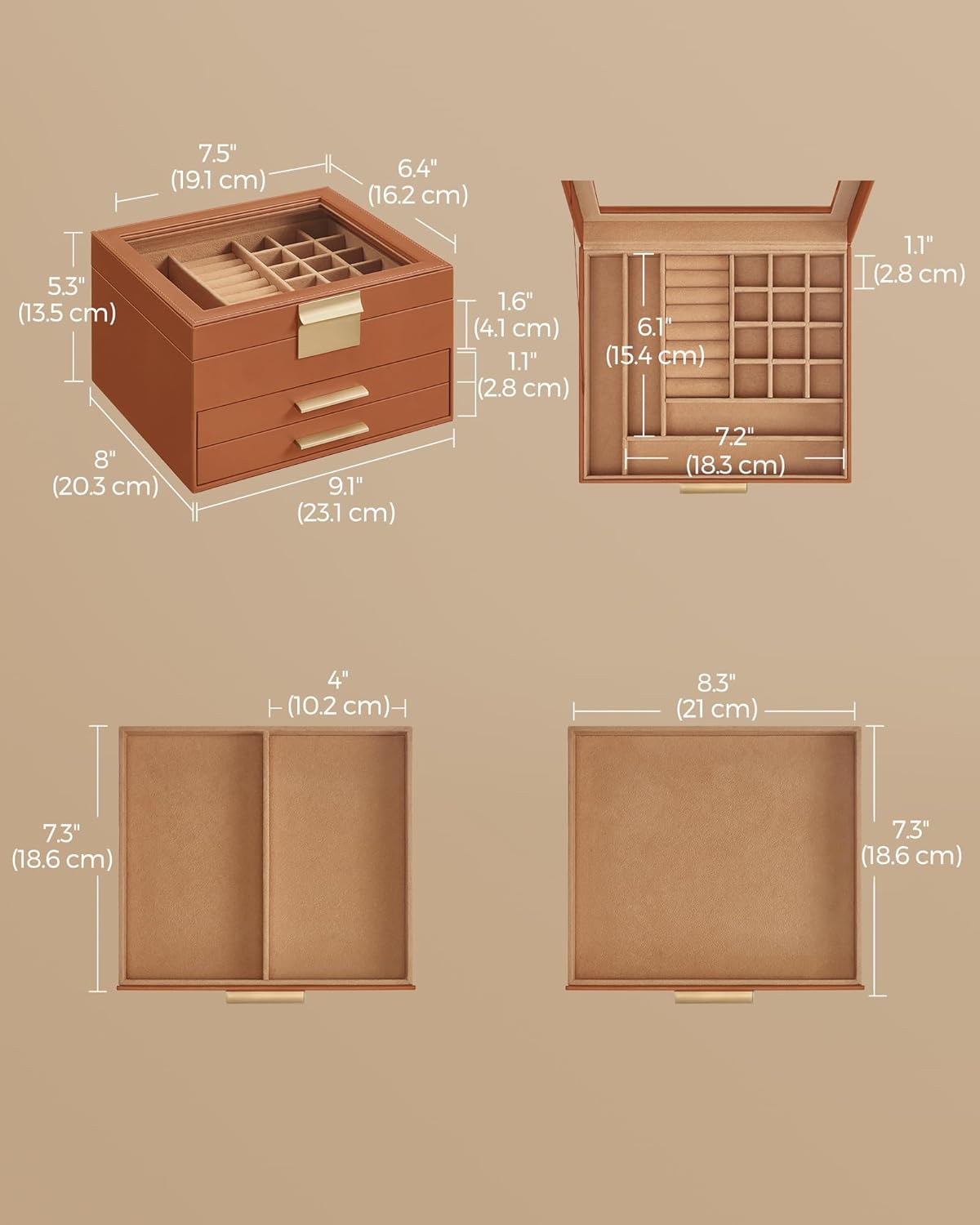 SONGMICS Jewelry Box Organizer with Glass Lid, 3-Layer Jewelry Storage, with 2 Drawers, Modern Style, Christmas Gift, 8 x 9.1 x 5.3 Inches, Caramel Brown and Gold Color UJBC239K01
