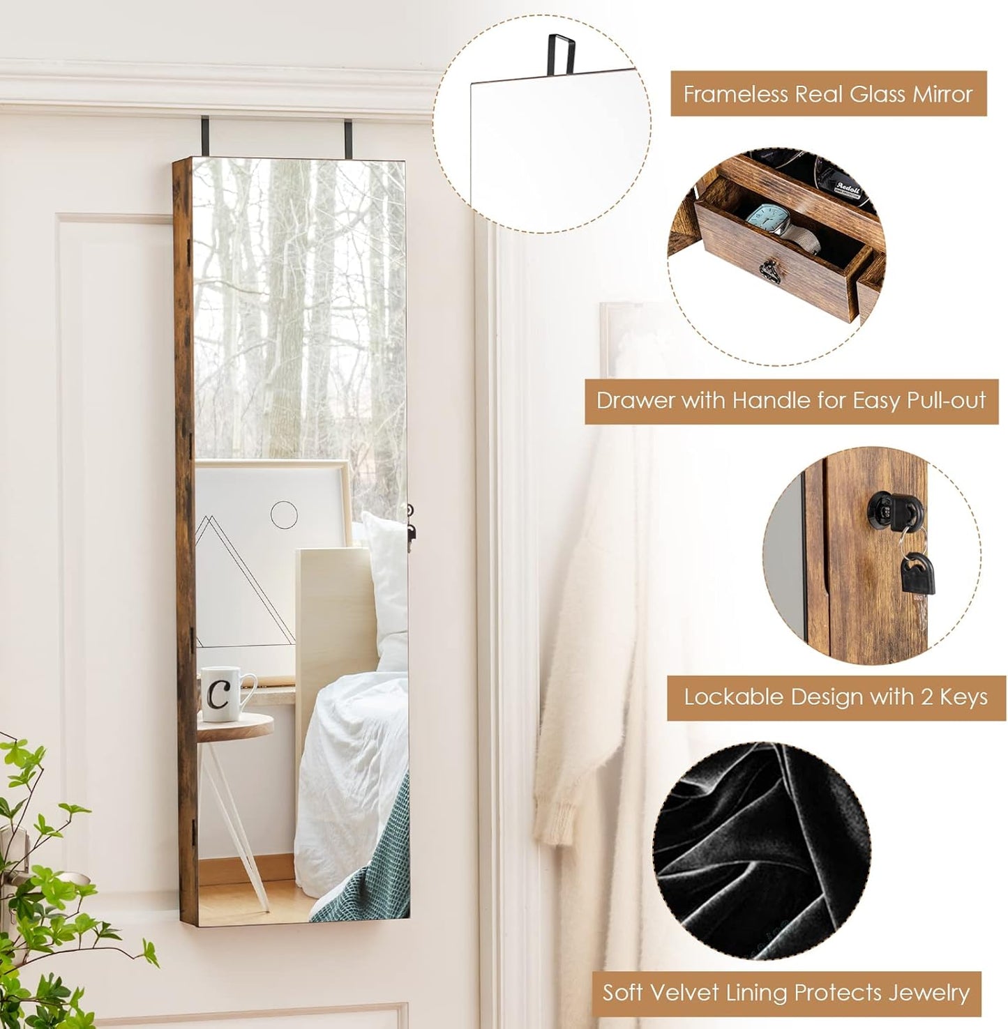 Giantex Wall Door Mounted Jewelry Armoire Cabinet with 47.5" H Full Length Mirror, 2 LEDs Lockable Jewelry Organizer Box with Bracelet Rod, 2 Drawers, Large Storage Capacity (Rustic Brown)