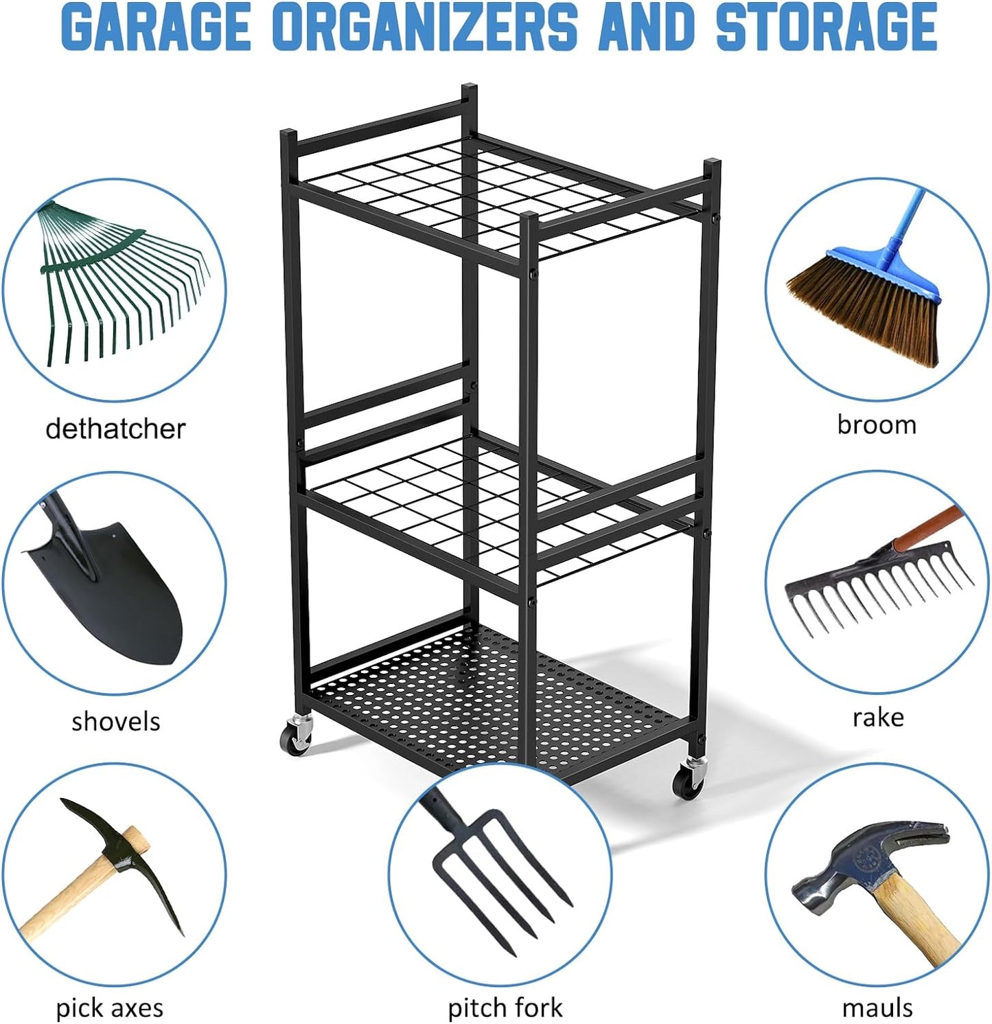 Garden Organizer With Wheels, Yard Tower Rack for Garage Storage, Up to 35 Long-Handled Tools, Sturdy Metal Steel Holder With 3 Hooks, Outdoor, Black