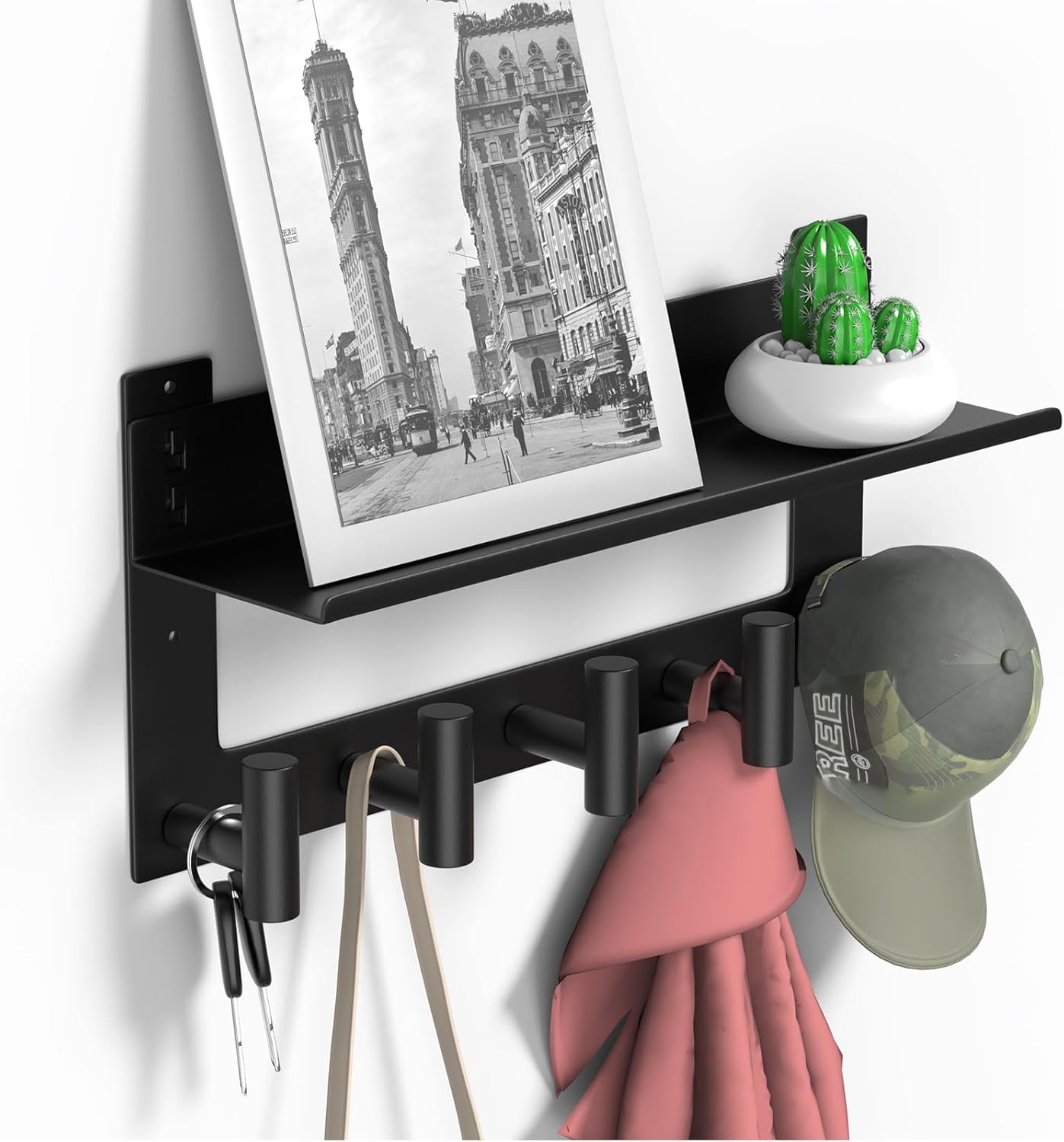 VAEHOLD Wall-mounted Coat Rack with Shelf Wall Hooks with Upper and Lower Double Storage Entryway Shelf with 5 Stainless Steel Hooks to Hang Clothes Towels Bathrobe Purse(Black)